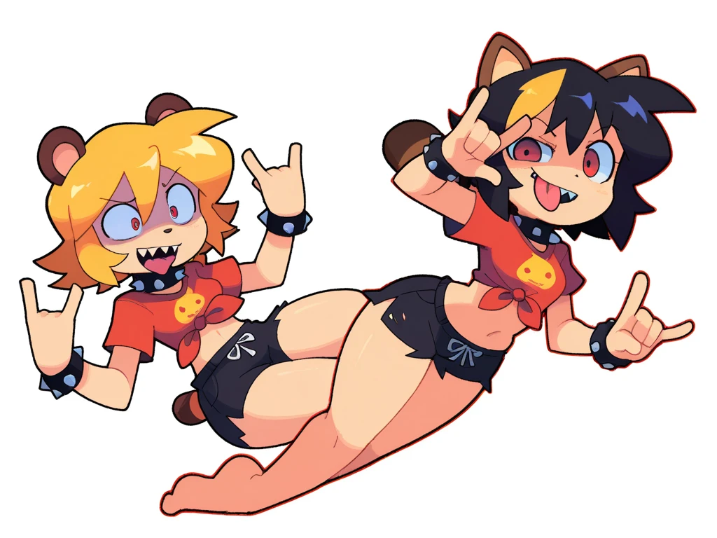 (superflat, flat shading, flat colors), 2girls, little ???, 10yo, lolis, flat chest, slim, skinny, sports bra, fighting poses, serious, (cat ears), vibrant colors, bright,