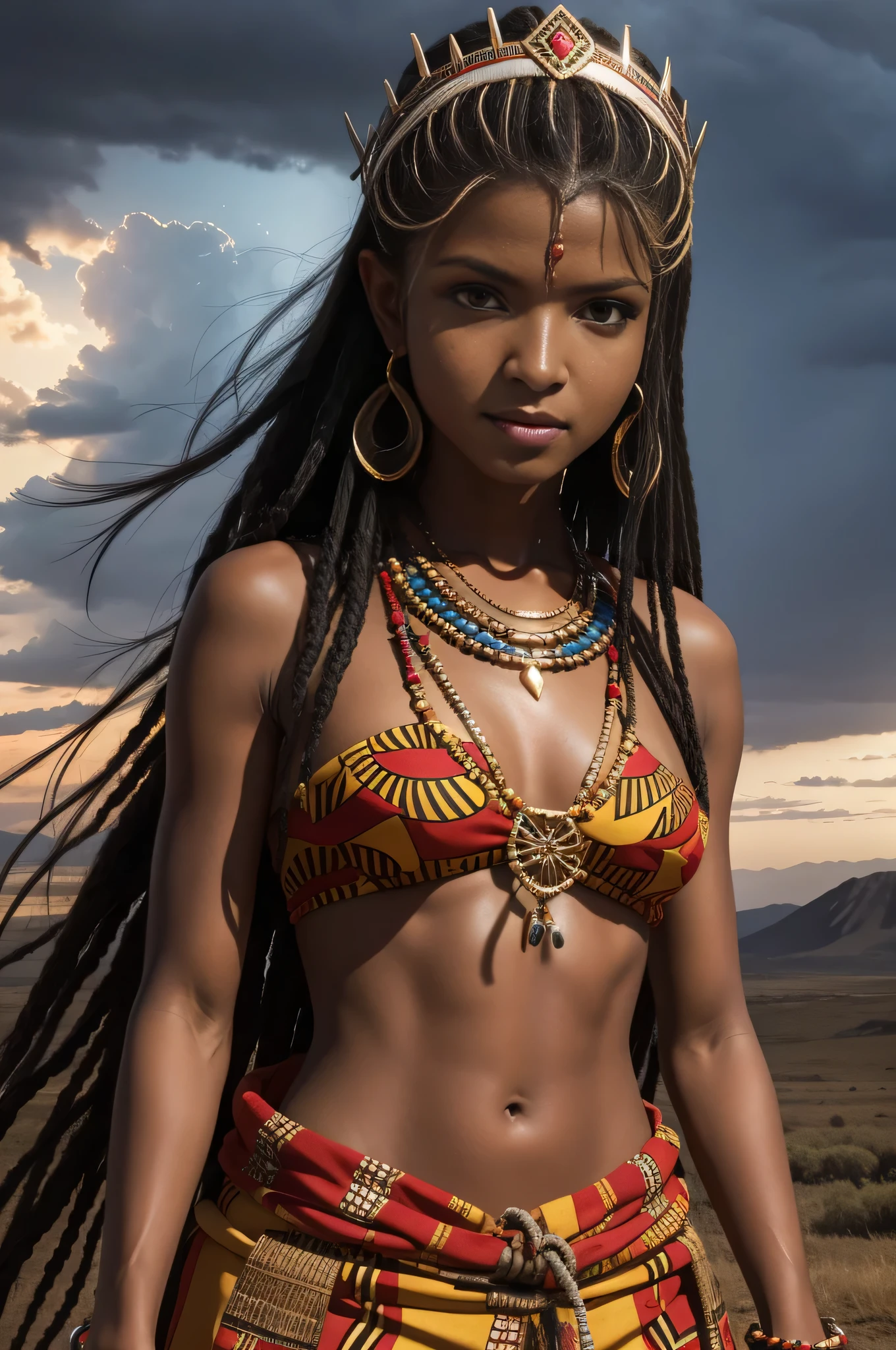 gina gerson, masterpiece , camera raw , Realistic photo , Iansã , knives in the hands , African crown on head , African clothing , red tons , the bravest warrior of the Yabás (Orixás women) with a strong temperament and a striking personality ,has the mastery of storms and weather phenomena, she controls the winds, the rains and thunder, 4K