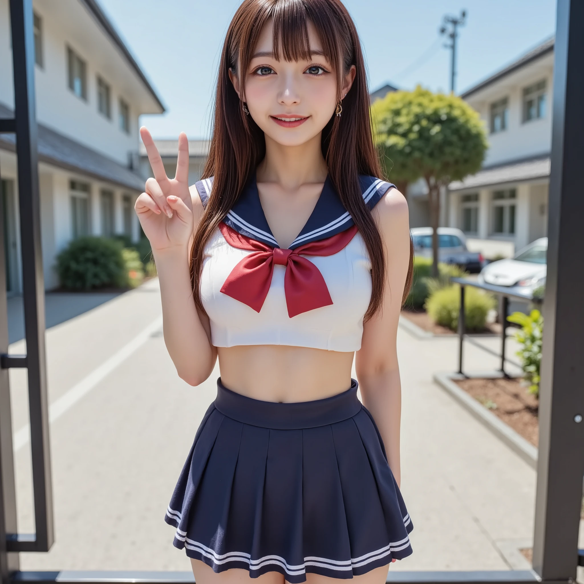 (((((  high school girl、 sailor suit)))))、whole body、smile、 peace sign、(  long dark hair：1.5), School gate、Clear skies、 (Big Breasts:1.7) 、 miniskirt 、 looking at the camera