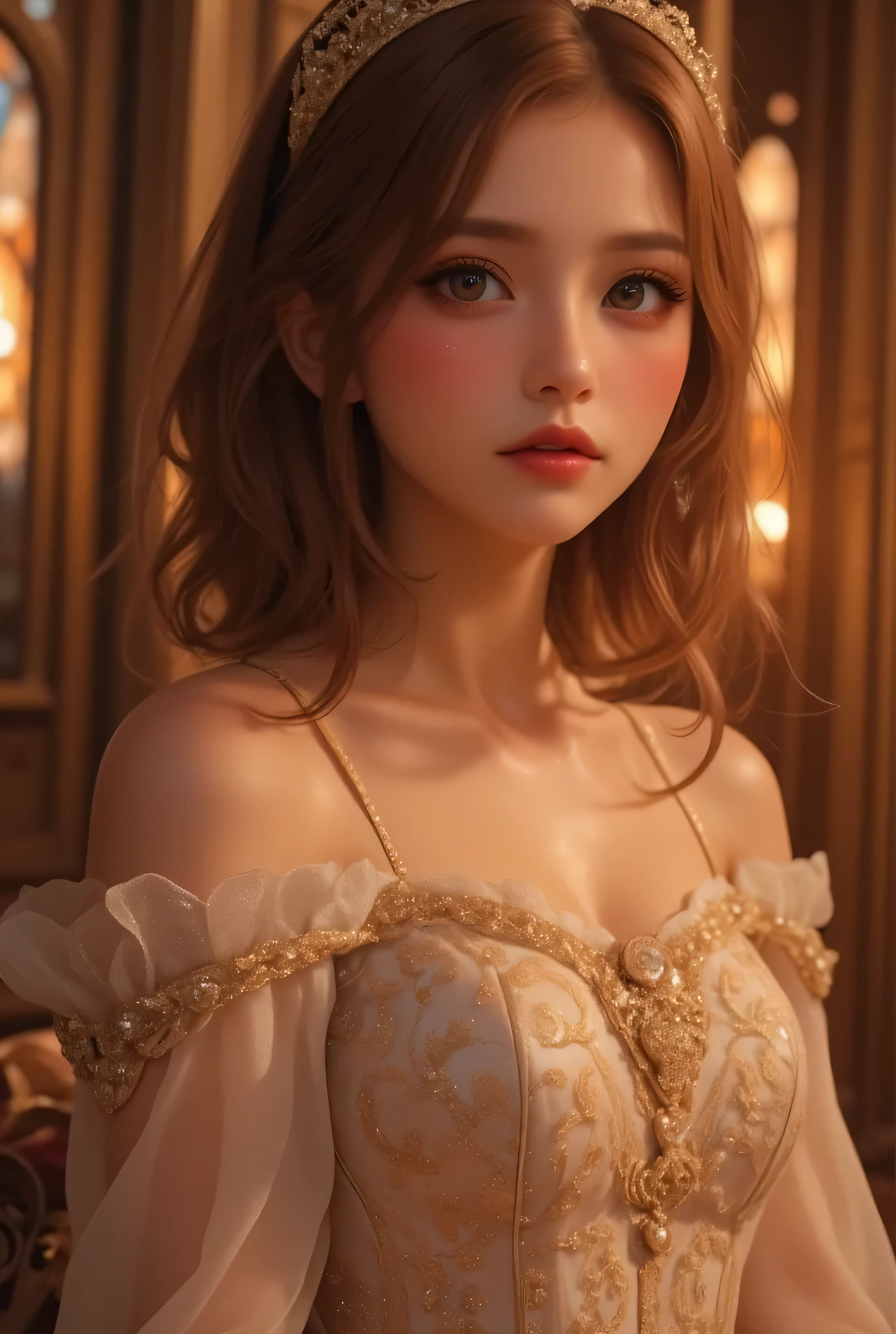 (fine facial features, elegance)), dramatic lighting, realistic, 8k, dramatic shadows, intricate and elaborate patterns, super detailed photo, chiaroscuro lighting, pleasant colors, deep contrast, super real, pink lipstick, warm atmosphere, cinematic composition, close-up of face. She is wearing a stunning princess dress with delicate, flowing fabrics, adorned with intricate golden embroidery and sparkling gems. The dress features an elegant off-shoulder design with sheer, layered fabrics cascading down gracefully. She stands gracefully in front of a magnificent castle with towering spires, intricate stonework, and glowing stained-glass windows. The castle is bathed in the golden light of a setting sun, casting a dreamy, fairy-tale ambiance. The scene is filled with soft, ethereal sparkles, adding a touch of magic to the enchanting setting. Her expression is serene and regal, perfectly fitting for a princess in a fantastical world.