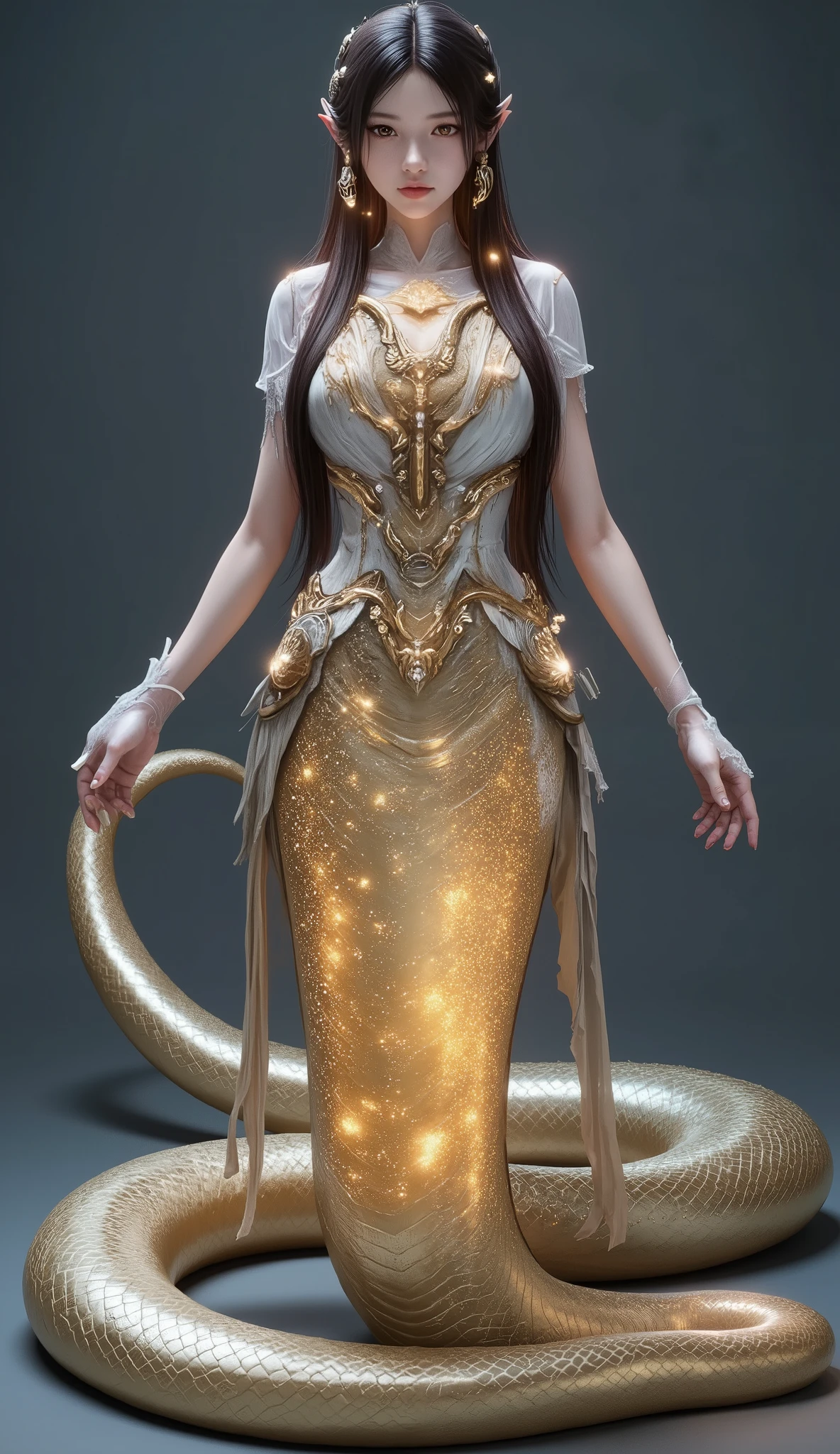 Snake Woman.a female character with a serpent-like lower body.Her upper body is human, but her lower body is serpent-like.A stunning Lamia with a slender, long snake tail , the body of a graceful, beautiful elf girl. She has long, flowing hair and exquisite, radiant eyes that captivate with their depth. Her delicate face is framed by smooth, luminous skin, gleaming softly under a magical glow. Her hands are finely detailed, each finger perfectly shaped with remarkable realism. The snake scales on her tail shimmer with a glittering, iridescent sheen, adding a mystical allure. High resolution, fine detailing, lifelike , and transparent elements add to the fantasy atmosphere. Full-body shot, captured in vivid detail, showcasing every curve and intricate feature with ethereal elegance.