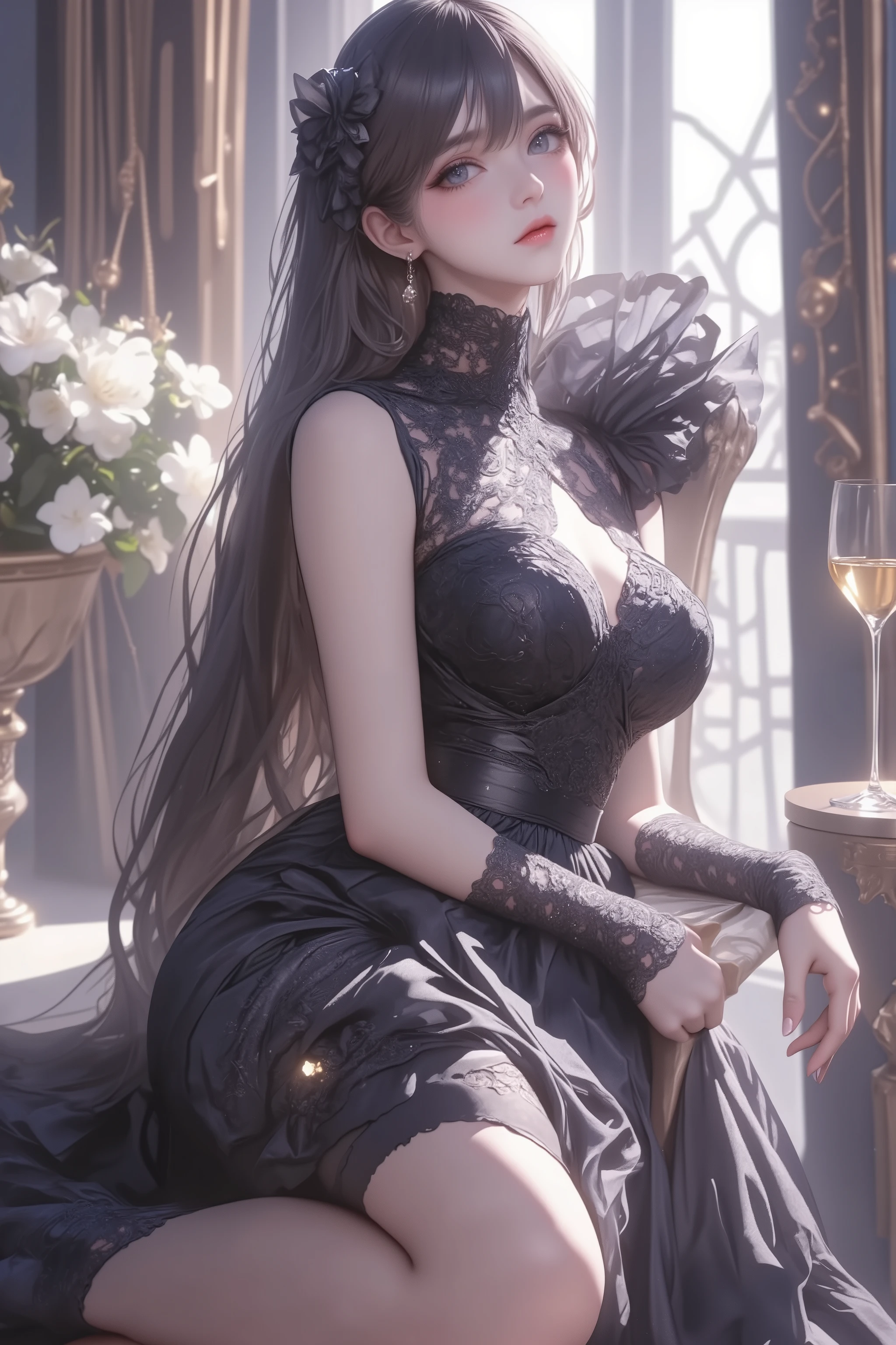 best quality, highly detailed, masterpiece, ultra-detailed, illustration, 1girl, (((full body))), extremely detailed, an extremely delicate and beautiful, 8k wallpaper, huge filesize, artbook, photo, real, realistic, day, indoor, chair, holding, wine glass, black hair, long hair, black eyes, glowing eyes, big breasts, ((((evening dress)))), ((black silk stocking)), (high heels), hair bow, (seductive smile), sitting, beautiful detailed eyes, gorgeous, yokozuwari, underwear,{lowres}, {bad anatomy}, {bad hands}, {text}, {error}, {missing fingers}, {extra digit}, {fewer digits}, {{cropped}}, {worst quality}, {low quality}, {normal quality}, {artifacts}, {blurry}, {missing arms}, {long neck}, {humpbacked}, {bad feet}, {nsfw}
