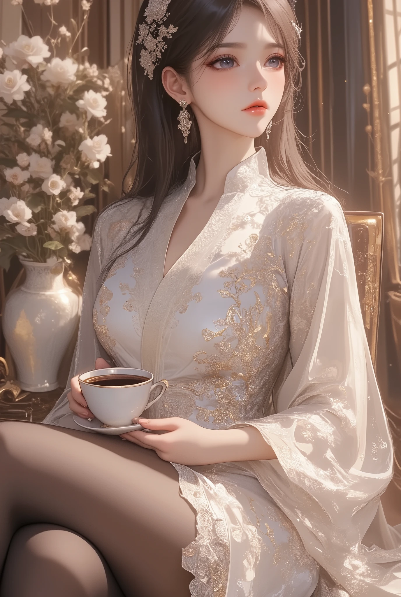 masterpiece, 8k, best quality, extremely detailed, apartment, realistic, mature, black tea, very long hair, black eyes, black hair, happy, chinese clothes, high heels, black pantyhose