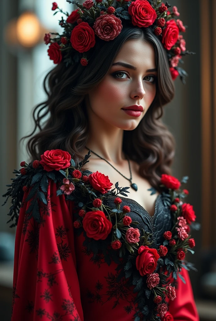 a female character. Here she is decorated with hearts, red and pink flowers, black bat flowers and dark tulips to add a touch of romance. Gothic gnosticism in your dress, otherwise very red with a chocolate tint. The Gothic style is combined with her classic costume, the overlay is gloomy Gothic. a mixture of traditional styles and concepts present in the hyper-realistic 3D animation industry). cinematic lighting, emphasizing the dreamy atmosphere of a festive day, volume and fabulous chiaroscuro with a bluish tinge, further emphasizing the gloomy Gothic theme of the postcard-style illustration.