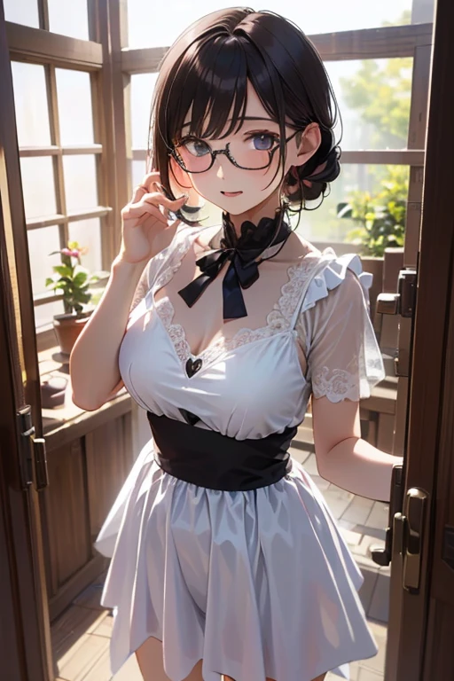 (masterpiece), woman,Frilled maid costume,Long skirt, Small breasts,Natural light, Realistic, Diffuse Light, skinny, vapor, (Please lift your skirt), (urination), With a smile.garter belt,Lace Stockings,Long nipples,Areola,See-through bra, Blowjob,Frill apron,sunglasses