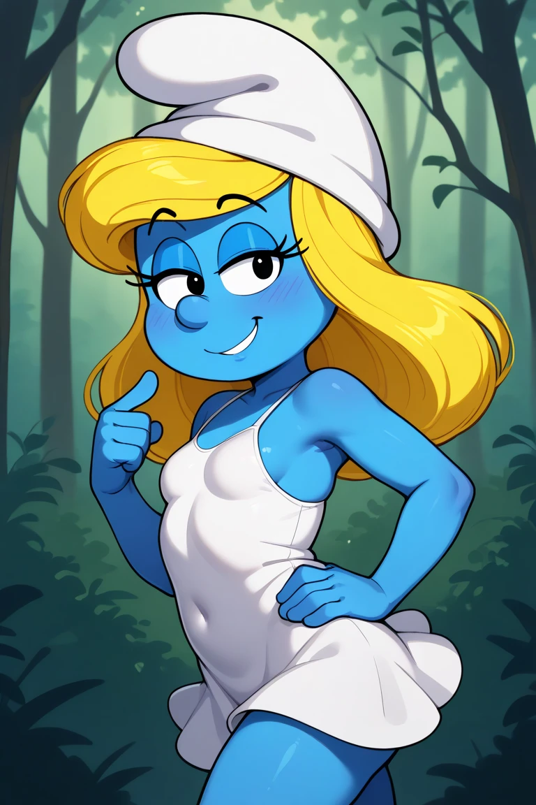 pov, smurfette, blonde, shy, smilin, handjob, penis, foreskin, lookng at viewer, hat, white dress, bare shoulders