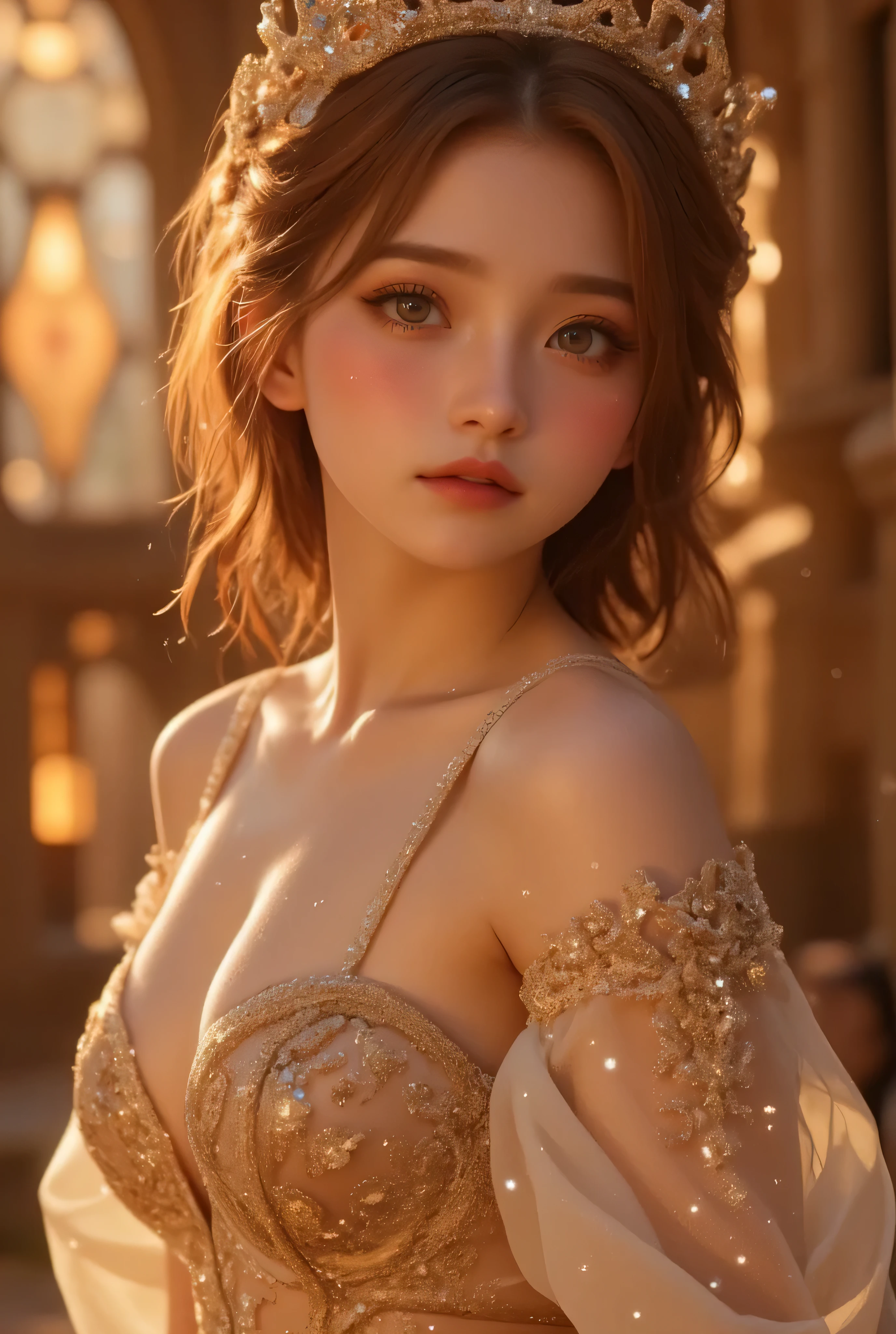 (fine facial features, elegance)), dramatic lighting, realistic, 8k, dramatic shadows, intricate and elaborate patterns, super detailed photo, chiaroscuro lighting, pleasant colors, deep contrast, super real, pink lipstick, warm atmosphere, cinematic composition, close-up of face. She is wearing a stunning princess dress with delicate, flowing fabrics, adorned with intricate golden embroidery and sparkling gems. The dress features an elegant off-shoulder design with sheer, layered fabrics cascading down gracefully. She stands gracefully in front of a magnificent castle with towering spires, intricate stonework, and glowing stained-glass windows. The castle is bathed in the golden light of a setting sun, casting a dreamy, fairy-tale ambiance. The scene is filled with soft, ethereal sparkles, adding a touch of magic to the enchanting setting. Her expression is serene and regal, perfectly fitting for a princess in a fantastical world.