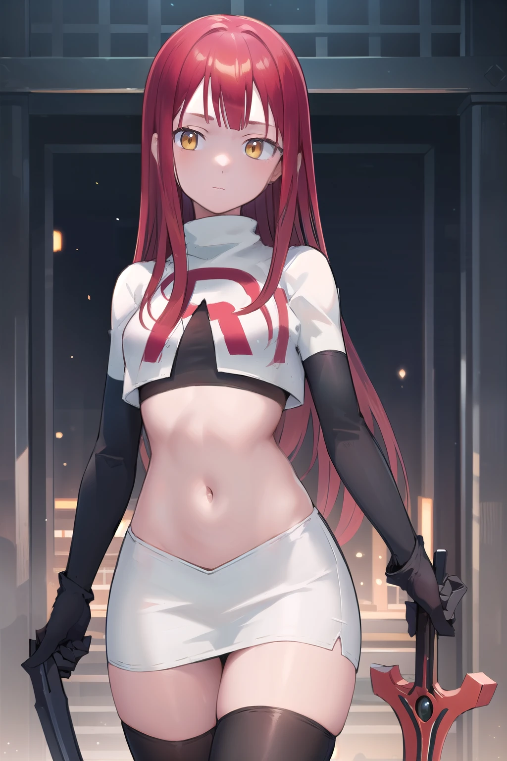 "Captivating red-haired girl with intricate red eyes standing out against a minimalist gradient backdrop. Brown skin."