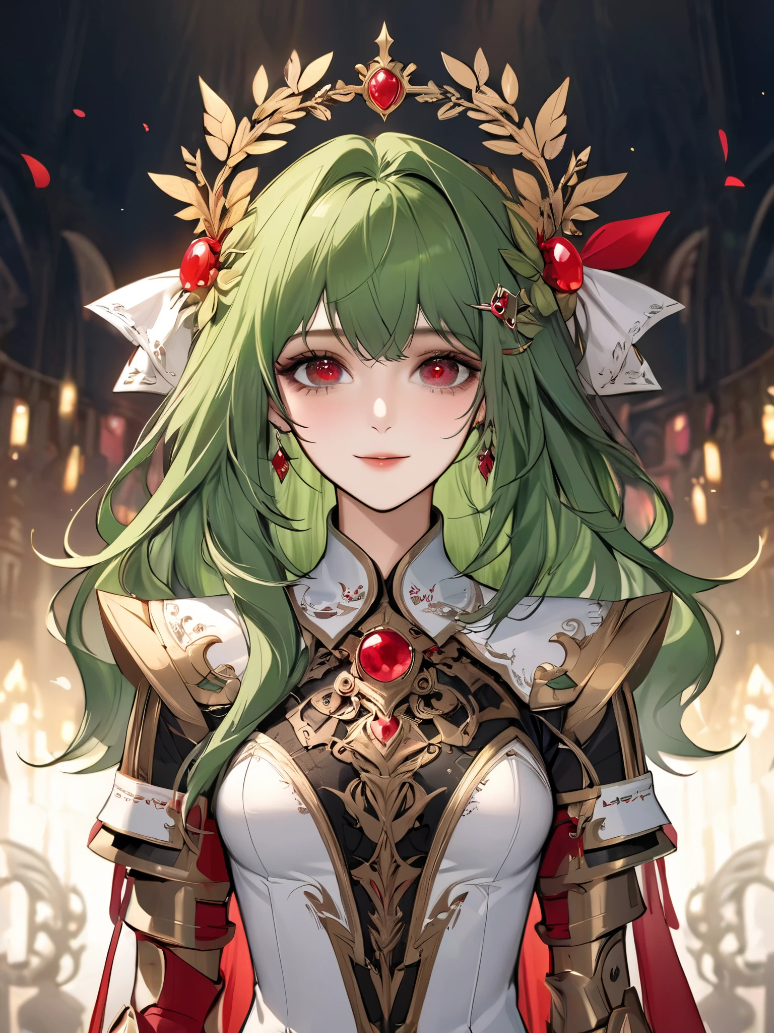 (extreamly delicate and beautiful:1.2), 8K,(masterpiece:1.0),(best_quality:1.0), 1 girl, and intricate detailing, Enlarged textures, and intricate detailing, finely eye and detailed face, and intricate detailing, green long hair, (sweet smiley), Perfect eyes, Equal eyes,  red ruby eyes (A famale god) with armor, look at camera, green long HAIR, Red ruby EYES, green long HAIR, red ruby EYES, Full body, with aula party background, with armor, hairpin like Laurel crown yunani, perfect body, aula party fantasy background, full body