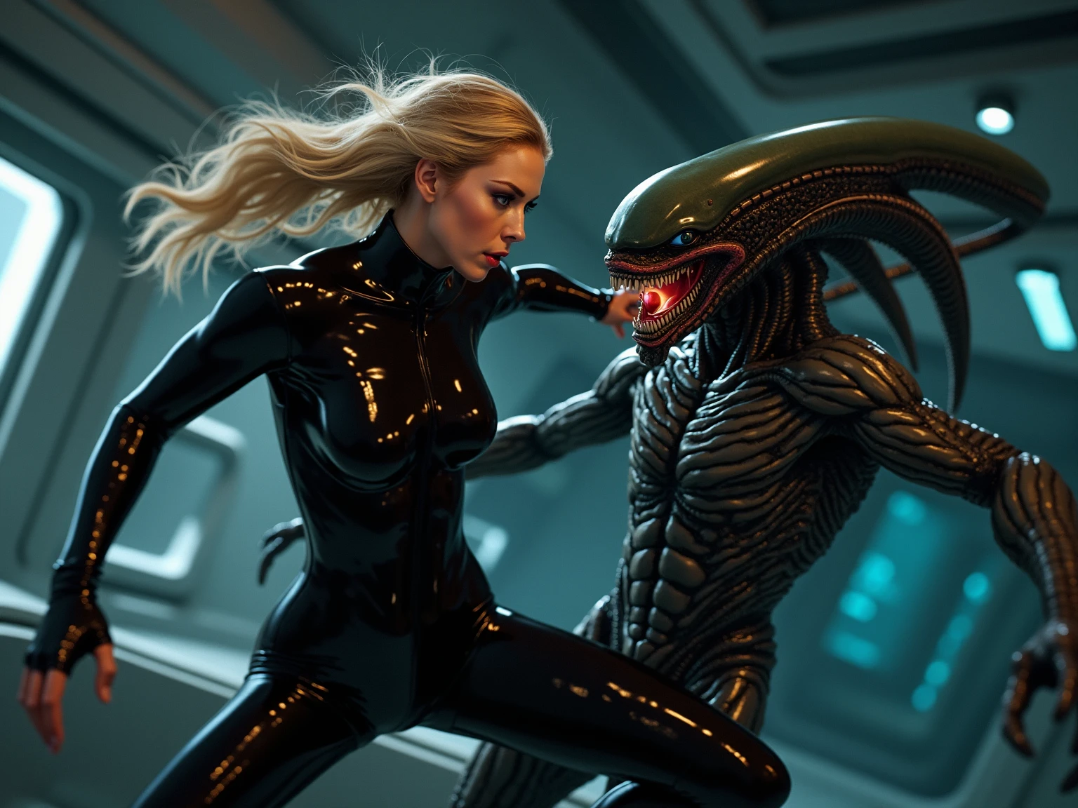 Star Trek, Inside the starship Enterprise, Seven of Nine confidently laying on a commander control pamel electronic table in the starship's futuristic bridge room where large screens and windows overllok the galaxy, in her form-fitting body suit and a perfect body, displaying a perfect balance between wide hips and tight waist, emphasizing each curve; her flawless breasts swayed gracefully underneath, hogtied, bound elbows, bound wrists, arms behind back, bound with fluorecent rope, bound with an extreme amount of ropes, (otm gag:1.3)
perfecteyes | oil painting by rutger hiemstra | vibrant, beautiful, translucent, intricate, detailed many details, extreme detailed, full of details, Wide range of colors, dramatic, dynamic, cinematic, sharp details, Insane quality. Insane resolution. Insane details. Masterpiece. 8k resolution.