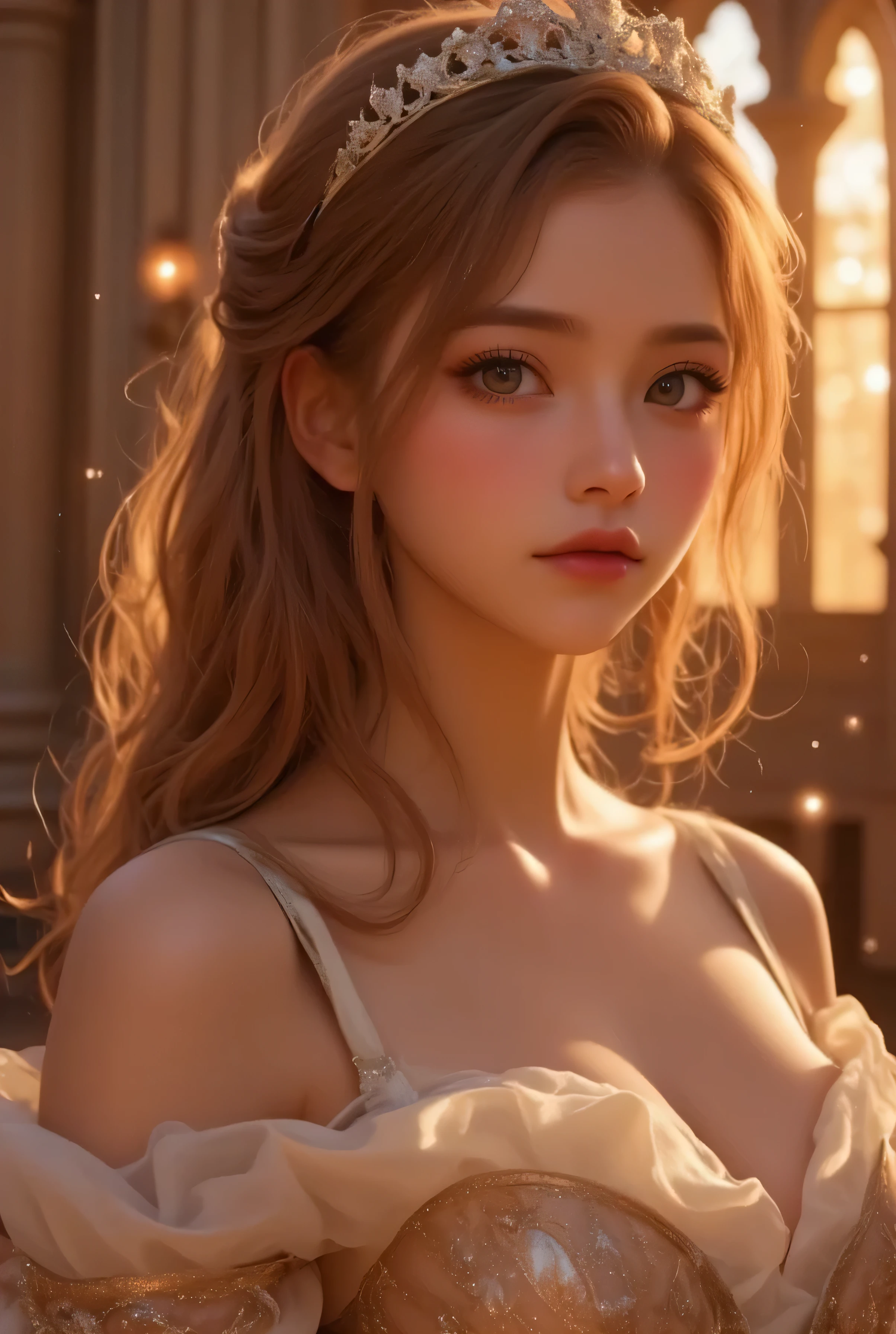 (fine facial features, elegance)), dramatic lighting, realistic, 8k, dramatic shadows, intricate and elaborate patterns, super detailed photo, chiaroscuro lighting, pleasant colors, deep contrast, super real, pink lipstick, warm atmosphere, cinematic composition, close-up of face. She is wearing a stunning princess dress with delicate, flowing fabrics, adorned with intricate golden embroidery and sparkling gems. The dress features an elegant off-shoulder design with sheer, layered fabrics cascading down gracefully. She stands gracefully in front of a magnificent castle with towering spires, intricate stonework, and glowing stained-glass windows. The castle is bathed in the golden light of a setting sun, casting a dreamy, fairy-tale ambiance. The scene is filled with soft, ethereal sparkles, adding a touch of magic to the enchanting setting. Her expression is serene and regal, perfectly fitting for a princess in a fantastical world.