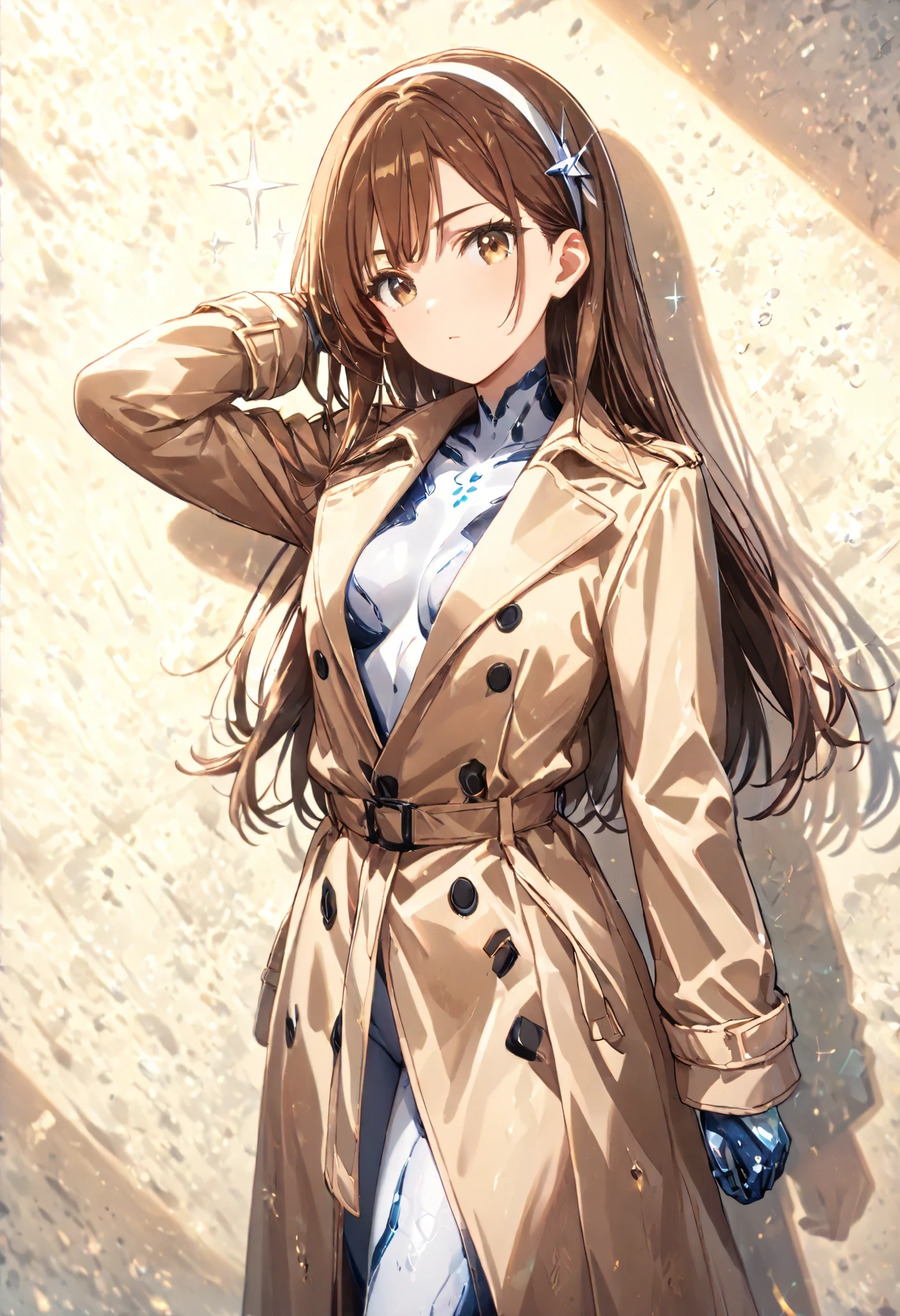 (Trench coat), outerwear, spring coat, long sleeves, long coat, long length, front opening, jacket, plain, off-white color, brown hair, hair behind ear, hairband, anime, sparkle, drop shadow, ((masterpiece)), UHD, (textured skin), accurate, ((super detail)), high quality, ((best quality))