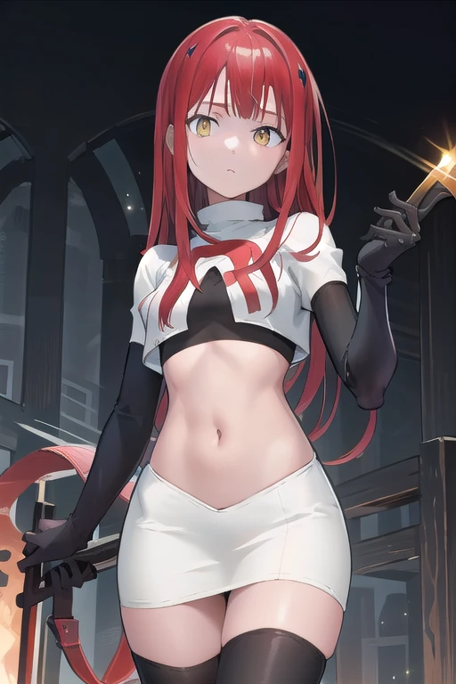 ((best quality, masterpiece, 4k, best anatomy)), moody lighting, beautiful elf woman, (crimson red hair), ((very long hair)), perfect face, innocent smile, sparkling eyes, ((Grey blue eyes)), ((naked)), (()), ((slender)), ((flat chest)), ((18 years old)), skindentation, extreme detail, attractive oval face, pink lips, pink nipples, glossy skin, detailed hair, face focus, close-up chest, gold ornamental necklace, earrings, ((1 girl)), blush, embarrassed expression, ((high heels)), Standing, long legs, ((thigh-highs)),