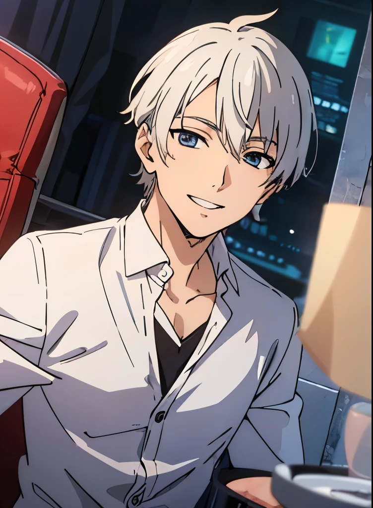 Anime cool handsome boy, white hair boy, smiling, seating , wearing white shirt, looking at us