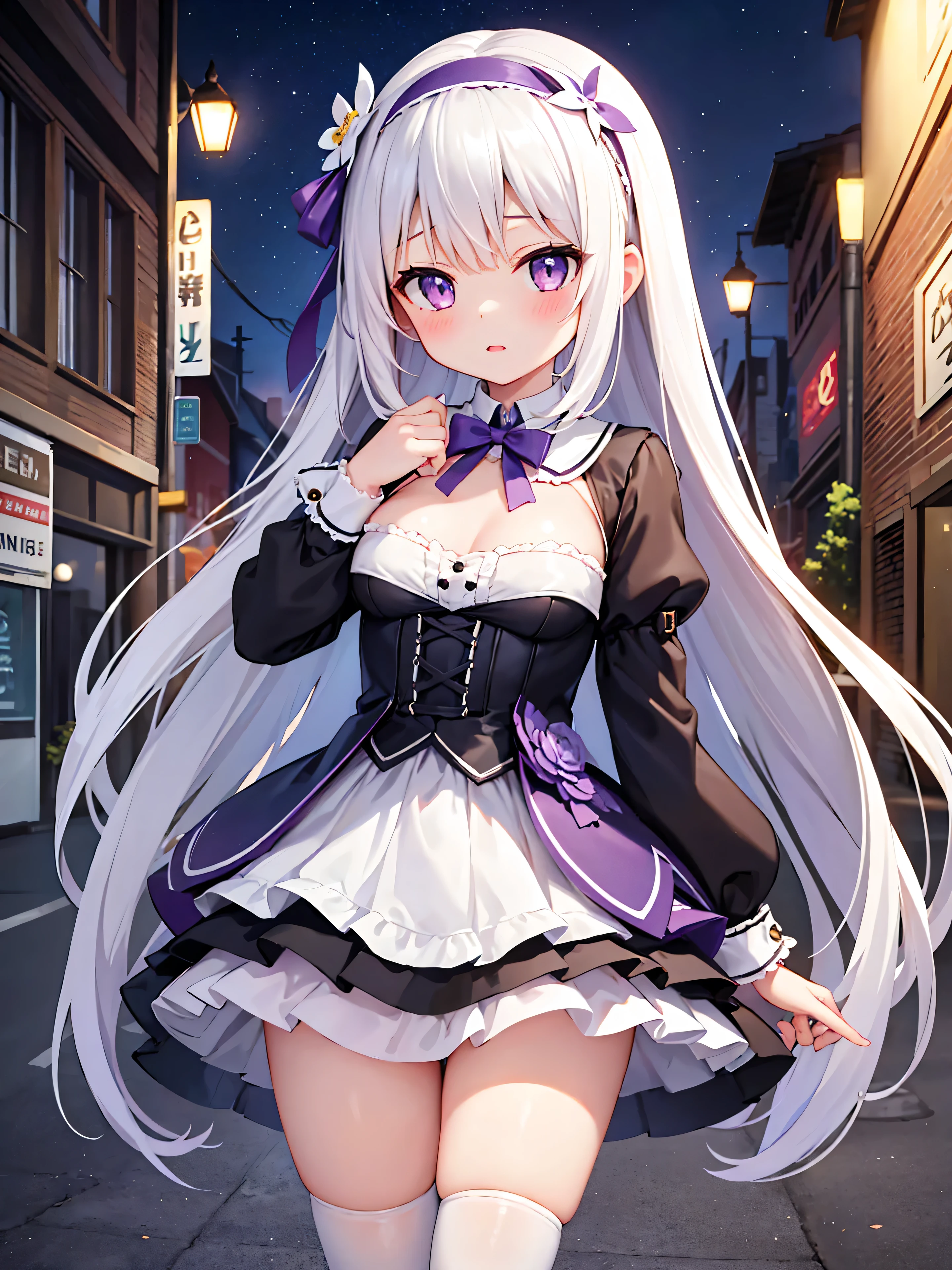Highly detailed, high quality, masterpiece, beautiful, (all photo shooting), girl student girl, perfect eyes, purple eyes, clear eyes, blushing face, chest down, big thighs, medium chest, long hair, white hair, with bracelet in hand, bow in hair, flower headband, with short-sleeved blouse and bare chest, with white stockings, short mini skirt, sexy, background image on an abandoned street at night