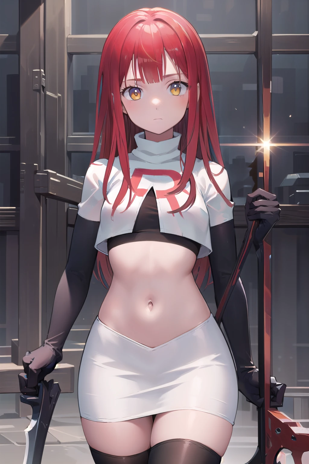 1girl,scared expression open mouth clenched teeth,red hair,red eyes,,sad,despair,,(collar),(leash),,(tied up),(tied wrists),bikini