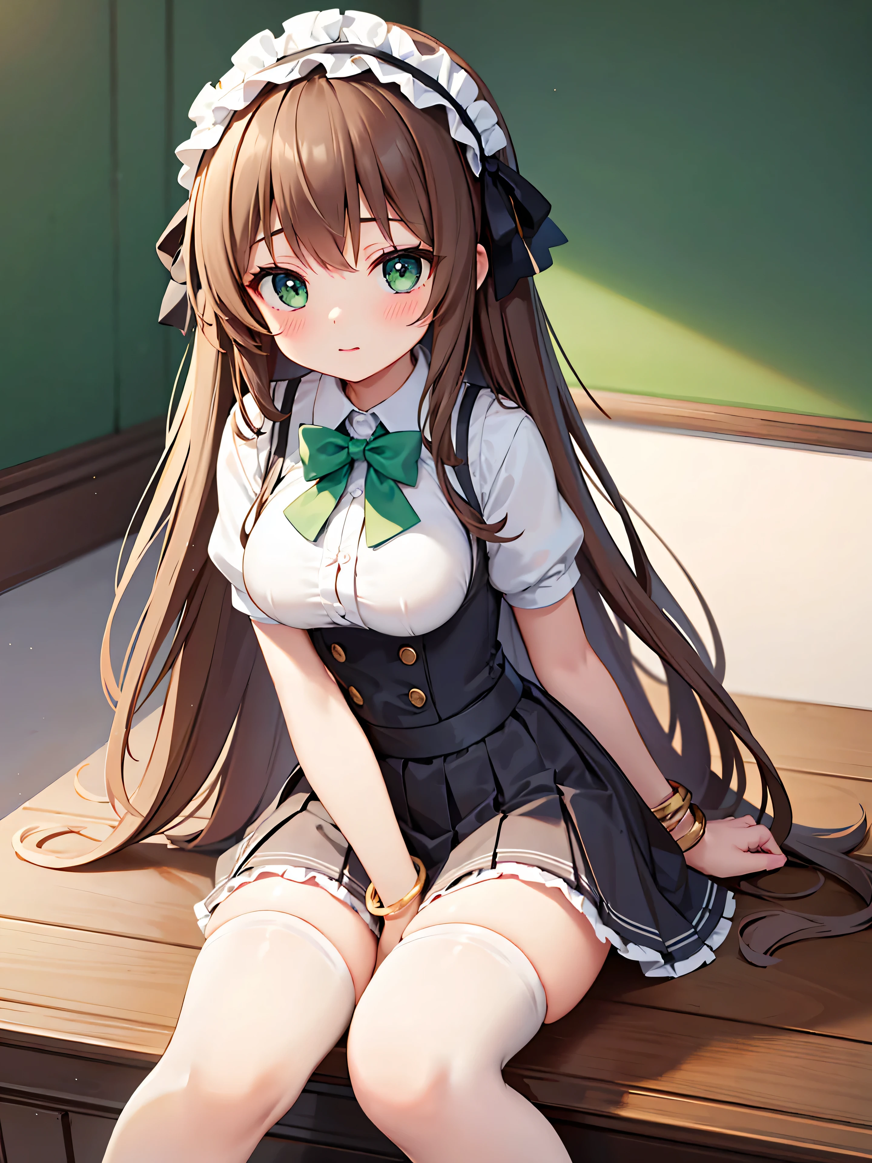 Highly detailed, high quality, masterpiece, beautiful, (all photo shooting), girl student, perfect eyes, green eyes, light eyes, blushing face, sitting with her legs open, big thighs, medium breast, long hair, light brown hair, with bracelet in her hand, bow in her hair, flower headband, with schoolgirl outfit, with white stockings, short mini skirt, sexy, background image in a gamer room