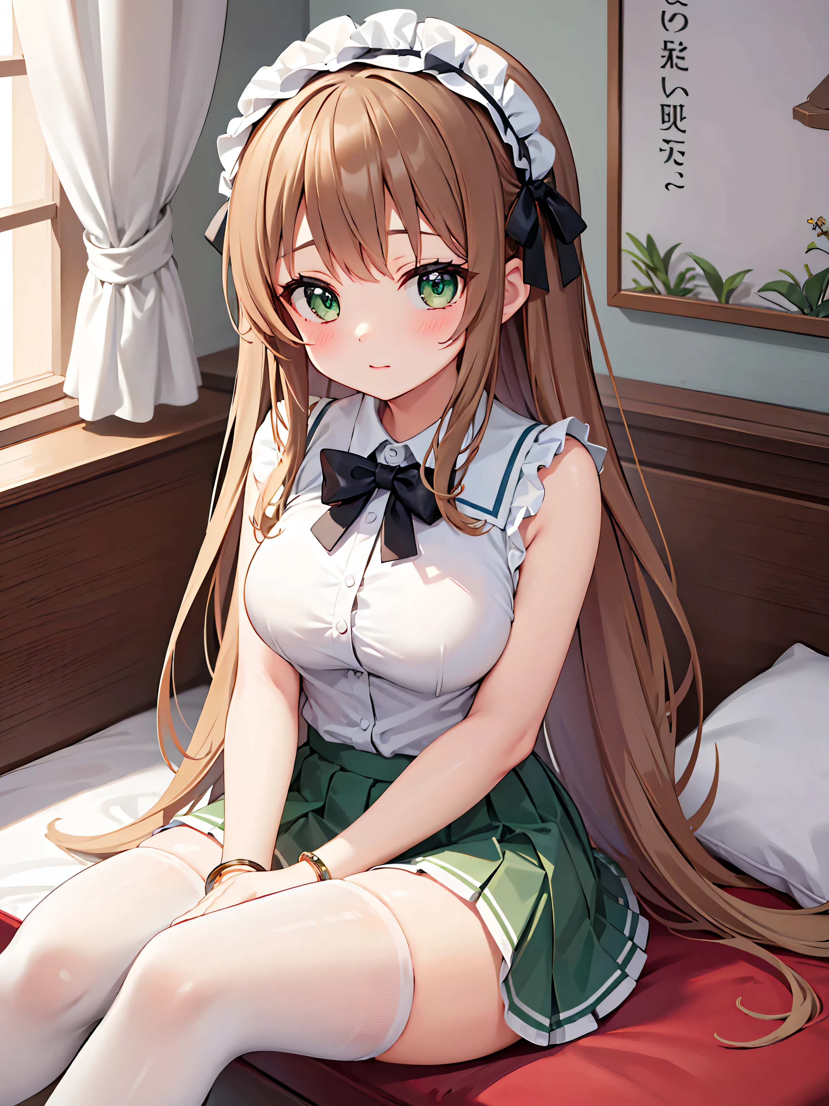 Highly detailed, high quality, masterpiece, beautiful, (all photo shooting), girl student, perfect eyes, green eyes, light eyes, blushing face, sitting with her legs open, big thighs, medium breast, long hair, light brown hair, with bracelet in her hand, bow in her hair, flower headband, with schoolgirl outfit, with white stockings, short mini skirt, sexy, background image in a gamer room
