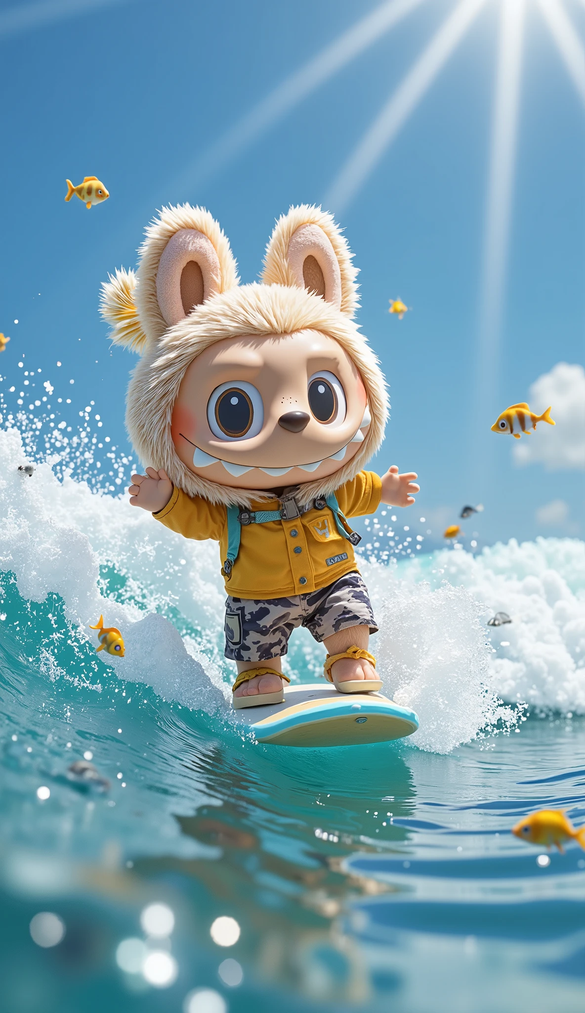 "Labubu, the cute furry creature, successfully surfing on a small wave. He raises one hand in excitement, his fur blowing in the wind. The turquoise ocean sparkles under the bright sunlight, and a few fish jump out of the water nearby."