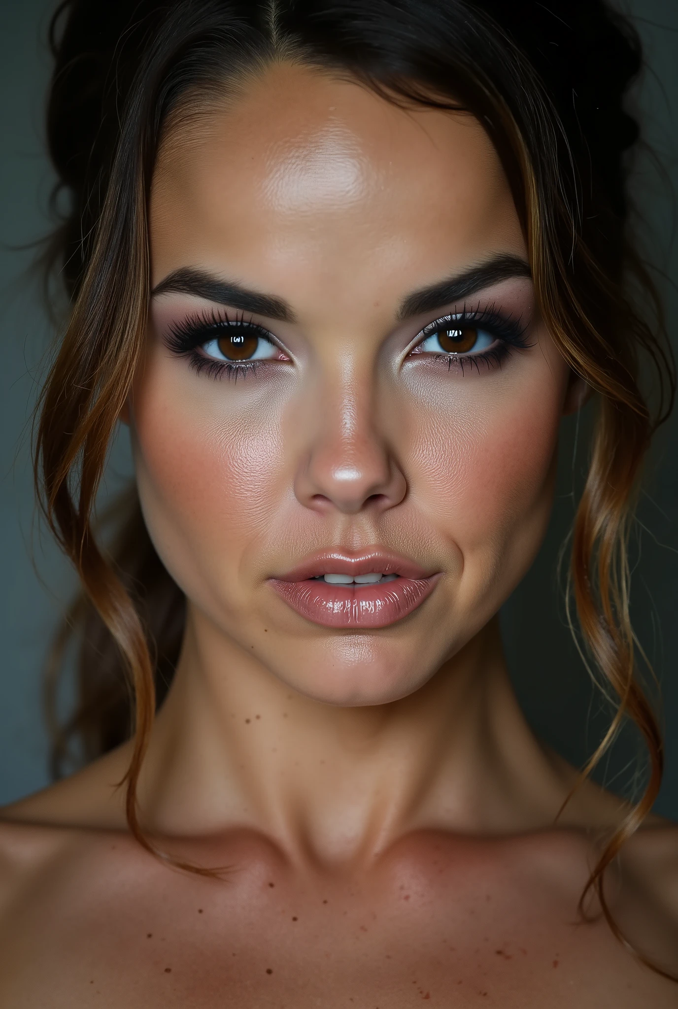 chiaroscuro portrait, high contrast, dramatic, Rembrandt lighting, close range of realistic photo of Giusy Meloni, focus on smiling face , her taupe color hair is styled as side braid hair, looking on camera, medium breast, breast skin texture, realistic akin, nude