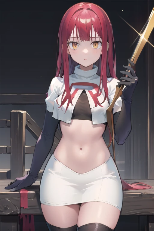 scathach, scathach, long hair, purple hair, (red eyes:1.5),
BREAK team rocket,team rocket uniform,white skirt,red letter R,crop top,black thigh-highs,black elbow gloves
BREAK looking at viewer, 
BREAK (masterpiece:1.2), best quality, high resolution, unity 8k wallpaper, (illustration:0.8), (beautiful detailed eyes:1.6), extremely detailed face, perfect lighting, extremely detailed CG, (perfect hands, perfect ???????),