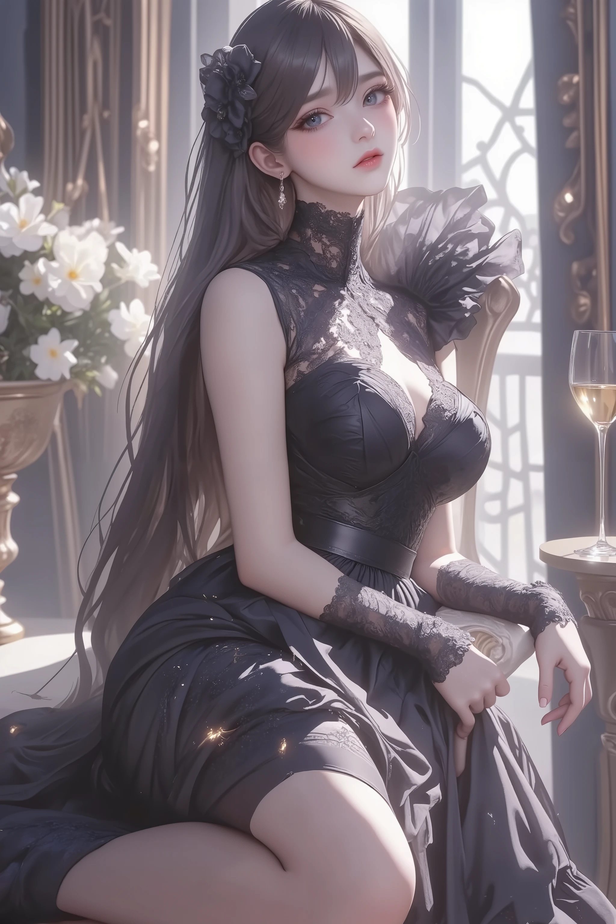 best quality, highly detailed, masterpiece, ultra-detailed, illustration, 1girl, (((full body))), extremely detailed, an extremely delicate and beautiful, 8k wallpaper, huge filesize, artbook, photo, real, realistic, day, indoor, chair, holding, wine glass, black hair, long hair, black eyes, glowing eyes, big breasts, ((((evening dress)))), ((black silk stocking)), (high heels), hair bow, (seductive smile), sitting, beautiful detailed eyes, gorgeous, yokozuwari, underwear,{lowres}, {bad anatomy}, {bad hands}, {text}, {error}, {missing fingers}, {extra digit}, {fewer digits}, {{cropped}}, {worst quality}, {low quality}, {normal quality}, {artifacts}, {blurry}, {missing arms}, {long neck}, {humpbacked}, {bad feet}, {nsfw}