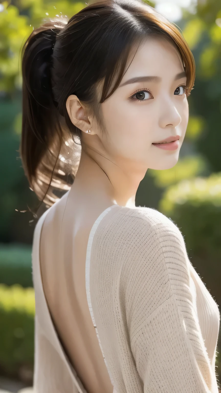A young woman with a neat and elegant appearance, standing and facing forward. She has a ponytail with strands of hair falling on both sides of her face. She is wearing a long dress and a stylish jacket, giving her a refined and graceful look. The background is soft and neutral, emphasizing her clean and sophisticated aesthetic. Hi-Res, anatomically correct, accurate, 最 high quality, high definition model, high quality, Very Detailed, textured skin,