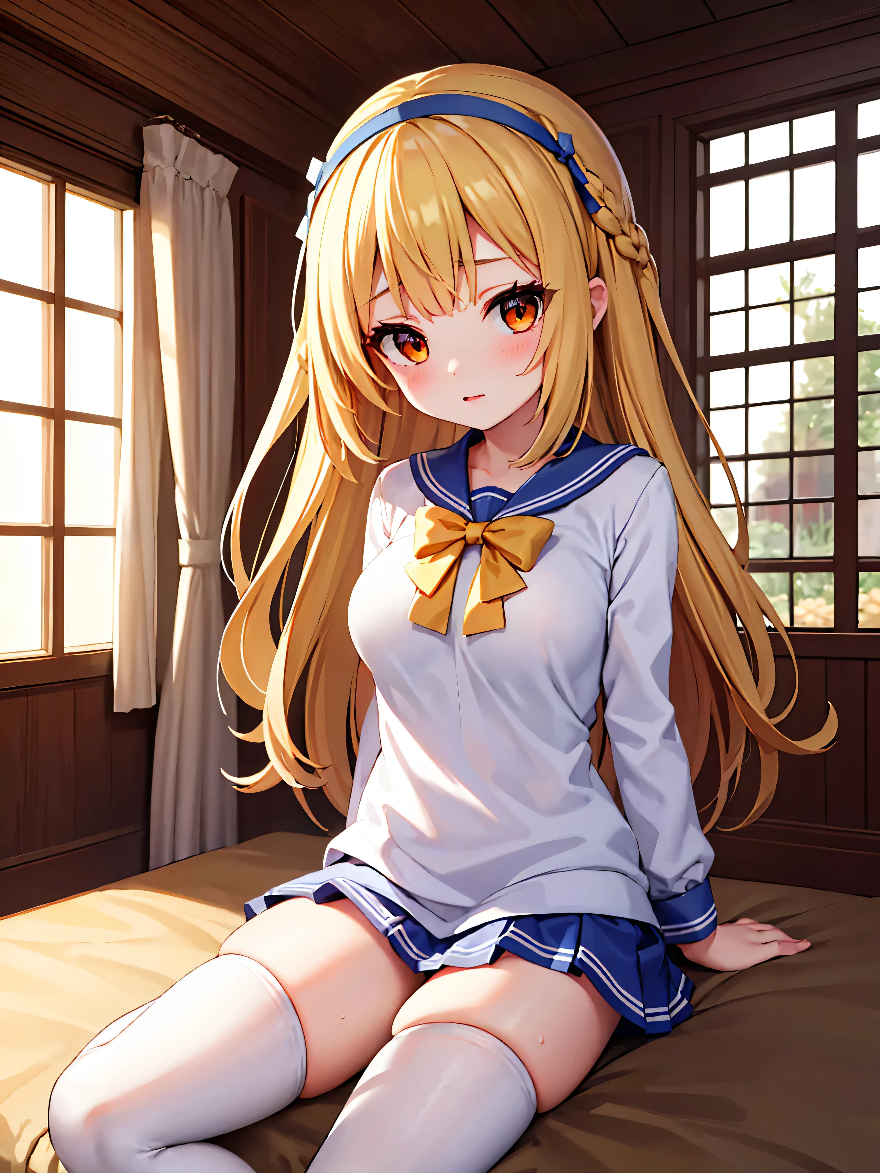 Highly detailed, high quality, masterpiece, beautiful, (all photo shooting), girl student girl, perfect eyes, orange eyes, light eyes, blushing face, spreading legs, big thighs, medium breast, long hair, blonde hair, with bracelet in hand, bow in hair, flower headband, wearing schoolgirl outfit, with white stockings, short mini skirt, sexy, background image in a gamer room