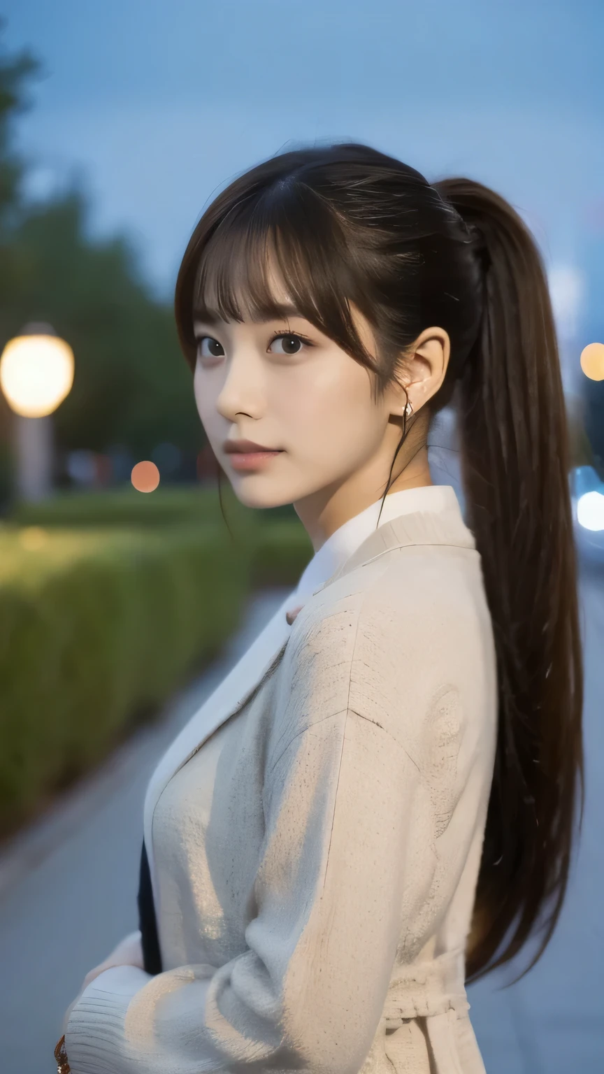 A young woman with a neat and elegant appearance, standing and facing forward. She has a ponytail with strands of hair falling on both sides of her face. She is wearing a long dress and a stylish jacket, giving her a refined and graceful look. The background is soft and neutral, emphasizing her clean and sophisticated aesthetic. Hi-Res, anatomically correct, accurate, 最 high quality, high definition model, high quality, Very Detailed, textured skin, Park with a night view