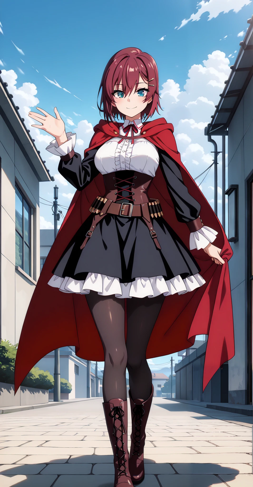 masterpiece, best quality, amazing quality, very aesthetic, absurdres, newest, scenery,highly detailed,high-resolution, {{Increase saturation:1.2、Highly colored}} looking at viewer,smile, solo, AkaneNanao,1girl,red hair,short hair,hairclip,blue eyes, Medium breasts,
Vol1Huntress, black dress, corset, red frills, frilly sleeves, black pantyhose, lace-up boots, bandolier, red cape