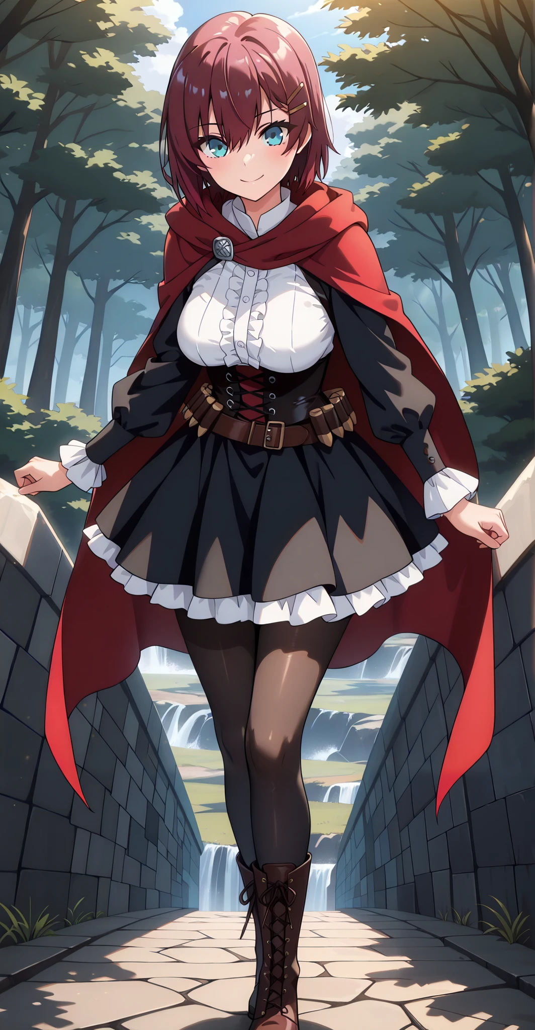 masterpiece, best quality, amazing quality, very aesthetic, absurdres, newest, scenery,highly detailed,high-resolution, {{Increase saturation:1.2、Highly colored}} looking at viewer,smile, solo, AkaneNanao,1girl,red hair,short hair,hairclip,blue eyes, Medium breasts,
Vol1Huntress, black dress, corset, red frills, frilly sleeves, black pantyhose, lace-up boots, bandolier, red cape