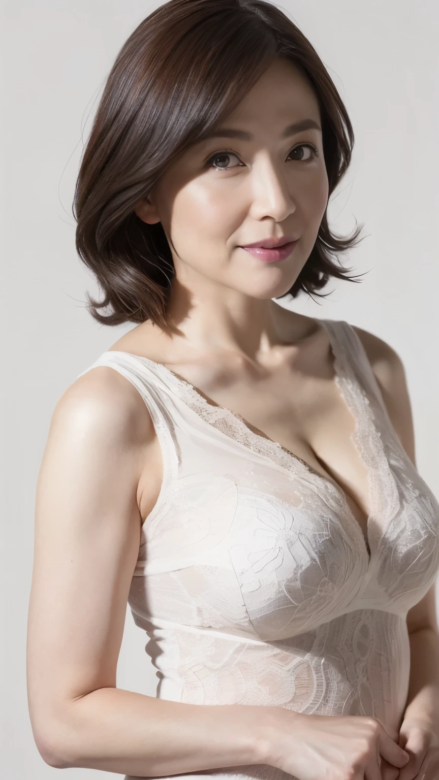 Remove the background, gravure separately, is looking forward on the head, (( Asian bimbo teacher wearing )), Obscene, flashy makeup, From the chest up, Masterpiece, top quality, super detailed, photorealistic, super detailedスキン, perfect anatomy, ( 1 Japanese Mature Woman), (Alone), 240 years old, big breasts, mature female politician , glamour, sexy, Chromo White Skin , Watch Viewers,