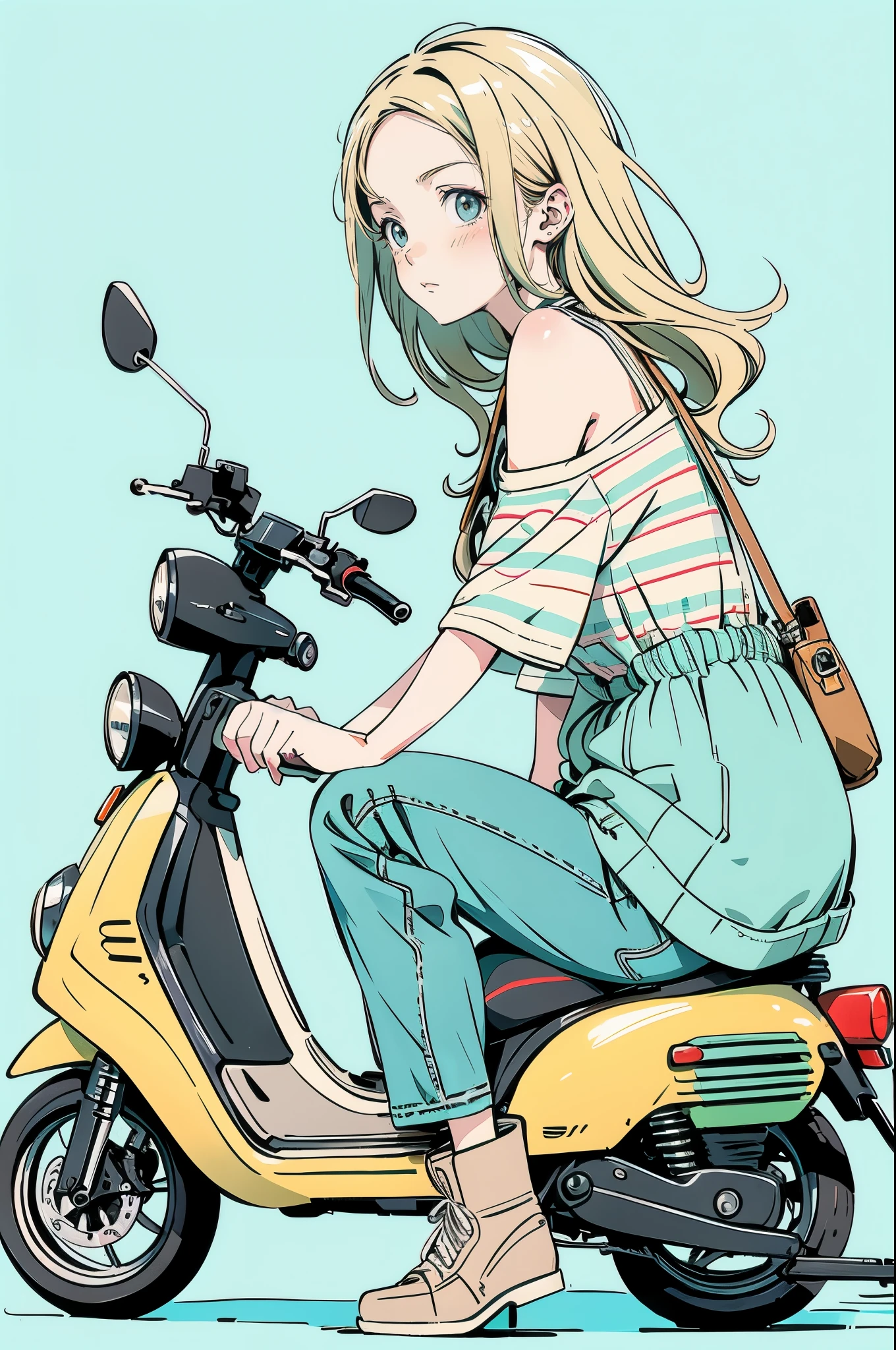 beautiful anime-style illustrations . A brown striped cat is sleeping on a pale blue scooter seat. A blonde woman is crouching beside the scooter , Staring at the cat. The woman is wearing a green off-shoulder top , Denim shorts and brown boots. background is pale blue , give the illustration a simple and clean impression . The overall color scheme is soft , creates a warm atmosphere .