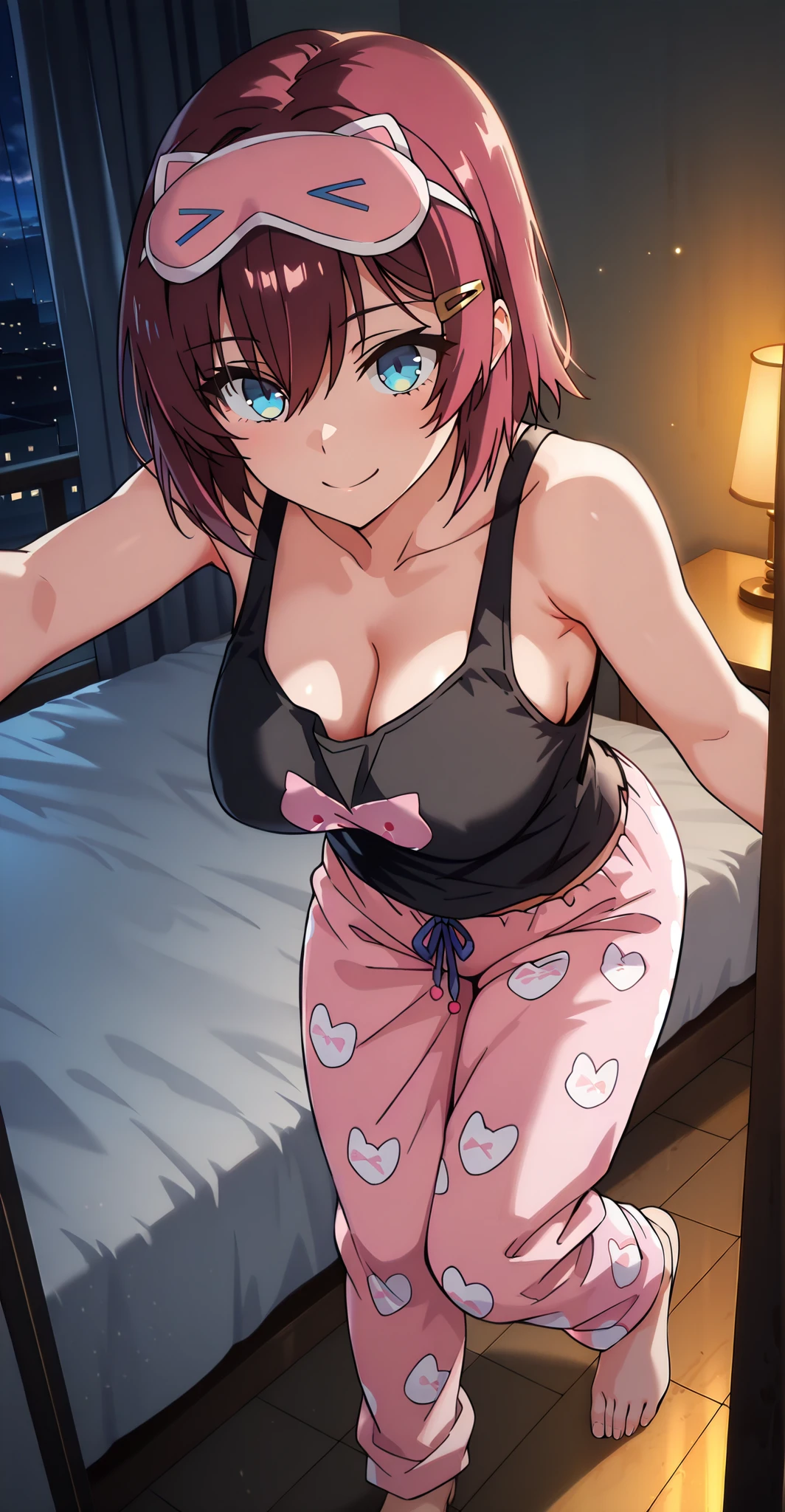masterpiece, best quality, amazing quality, very aesthetic, absurdres, newest, scenery,highly detailed,high-resolution, {{Increase saturation:1.2、Highly colored}} looking at viewer,smile, solo, AkaneNanao,1girl,red hair,short hair,hairclip,blue eyes, Medium breasts,
Vol1Pajamas, pajamas, black tank top, pink pants, sleep mask, barefoot