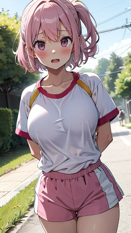 mastute piece,Best Quality,insanely detailed,8k cg,
shoot upper body,
1girl,standing,body in front,looking at viewer,(running wear),
blush,shy,(trembling:1.2),pink hair,break,open mouth,large breast,paved road,