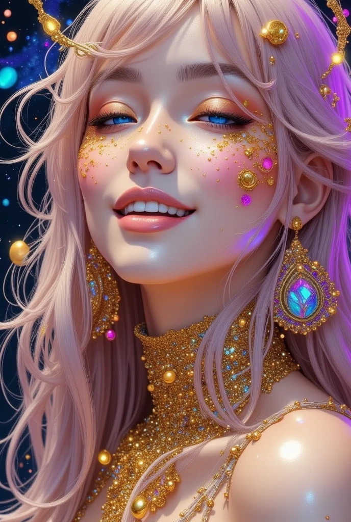 Close-up of a woman with colorful hair and necklace, anime girl with cosmic hair, Rossdraws' soft vitality, Gouvez style artwork, fantasy art style, colorful], vibrant fantasy style, Rossdraws cartoon full of vitality, cosmic and colorful, Guweiz, colorful digital fantasy art, stunning art style, beautiful anime style, white skin, subtle