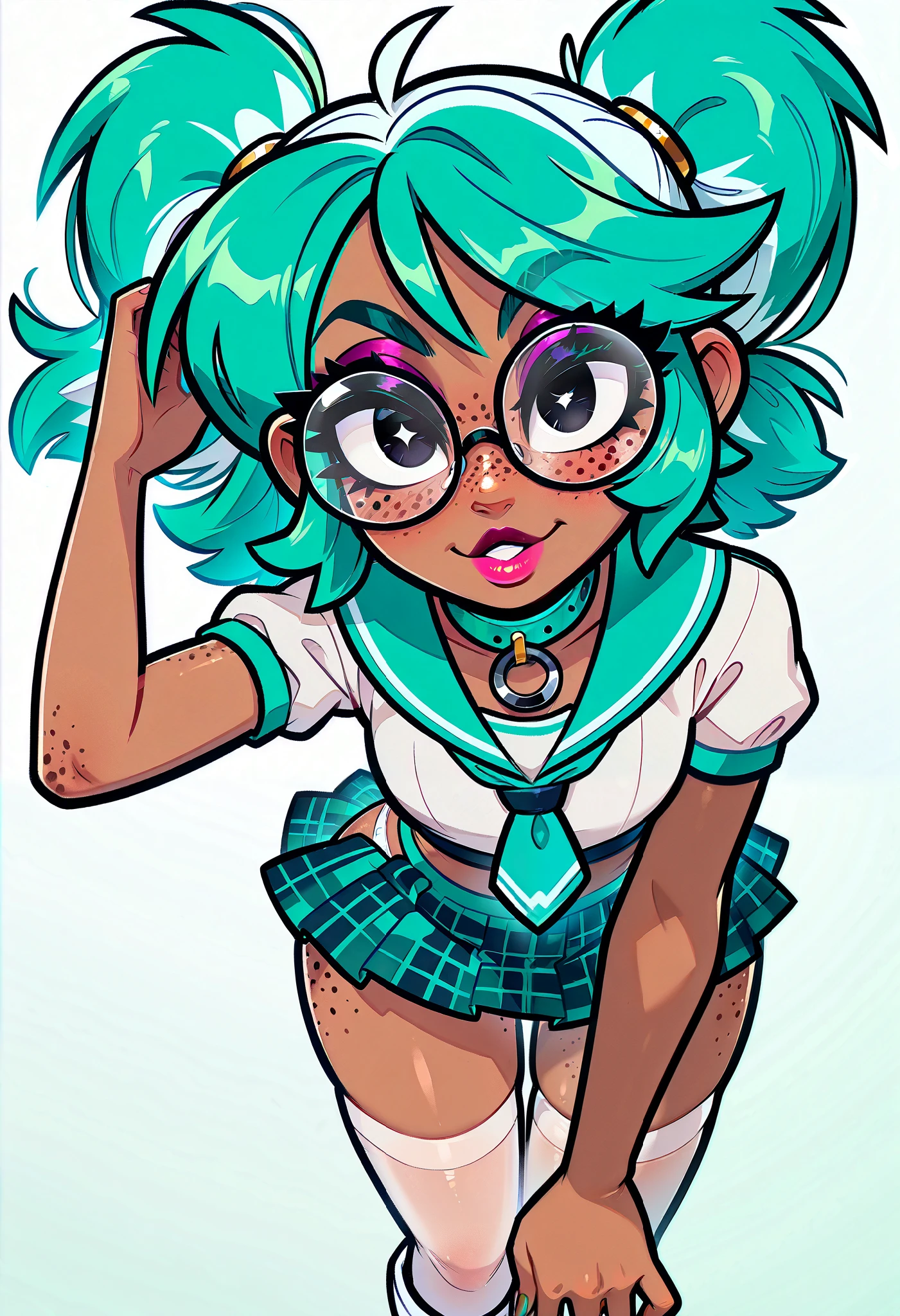 (masterpiece), best quality, expressive eyes, perfect face, newest, perfect anatomy, flawless face, dark skinned African female with pigtails and glasses, multicolored hair, white knee high stockings, collar, tight green sailor top with short sleeves, tight short pleated plaid green miniskirt, color saturation, makeup, lipstick, glossy lips, freckles, white boots, looking back at viewer, hair blowing in wind, seductive expression, turning away from you, leaning forward, pov from behind and below, smiling, green hair, two-tone hair, white panties, white panties in view, panty shot, white background,