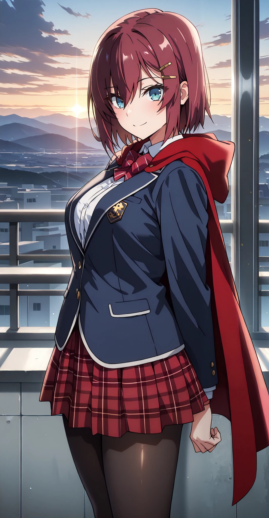 masterpiece, best quality, amazing quality, very aesthetic, absurdres, newest, scenery,highly detailed,high-resolution, {{Increase saturation:1.2、Highly colored}} looking at viewer,smile, solo, AkaneNanao,1girl,red hair,short hair,hairclip,blue eyes, Medium breasts,
BeaconUniform, plaid skirt, school uniform, black pantyhose, jacket, blazer, red cape