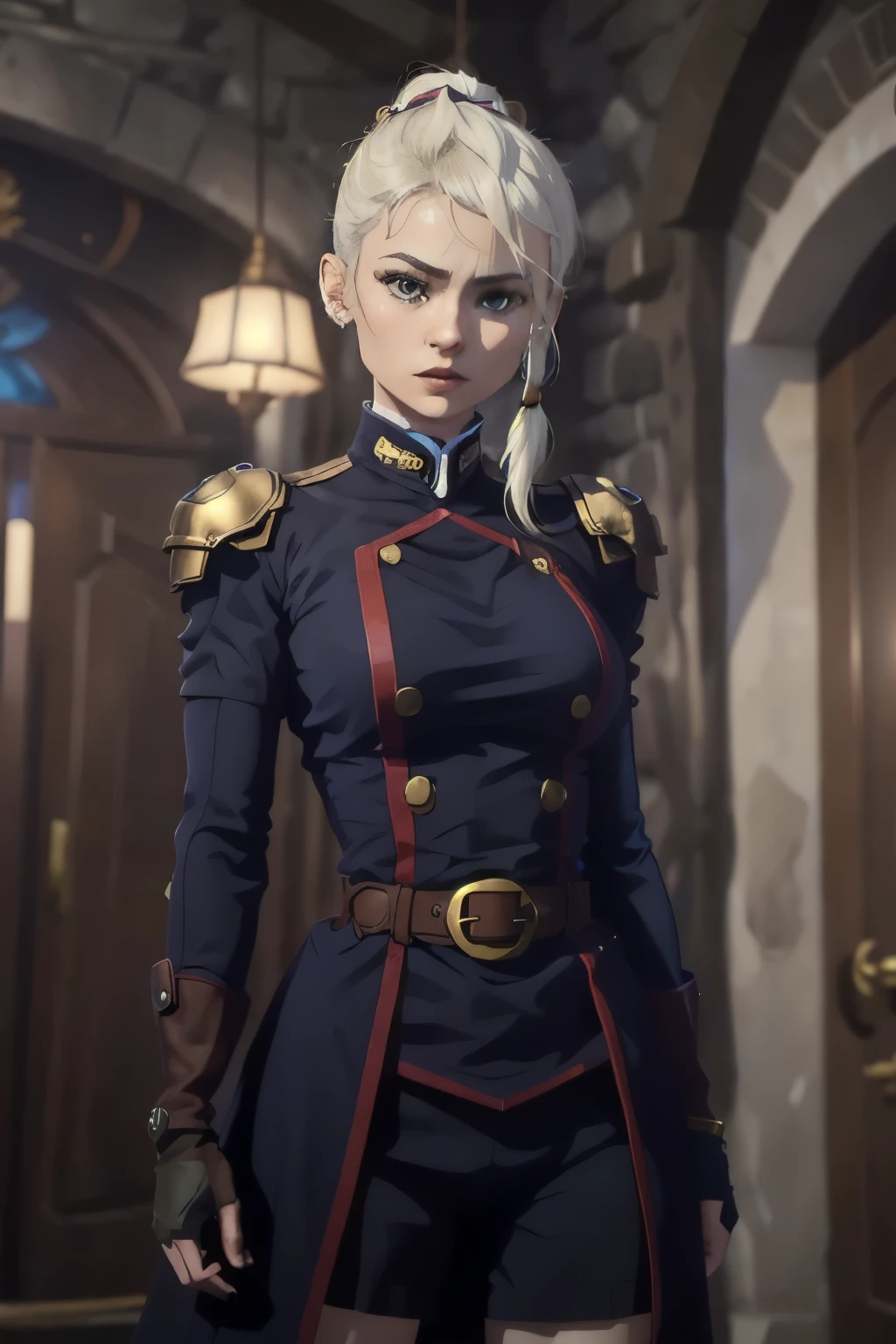 a young woman with pale skin with a serious and determined expression. She has white hair tied in a high ponytail , with loose locks framing her face . Her eyes are of a light shade , Blue or green, and his skin is pale .
He wears armor from modern look with gold details on a tight black uniform. The armor covers his torso and shoulders, leaving her arms relatively free . She wears fingerless gloves and dark bracelets on one of her wrists .
on his thigh, wearing a pair of belts with buckles and a leather bag tactical-looking . On her back you can see a long sword , , which indicates that she is a skilled fighter .
The lighting in the image gives her an elegant and professional look , highlighting the details of her clothing and her secure bearing .
