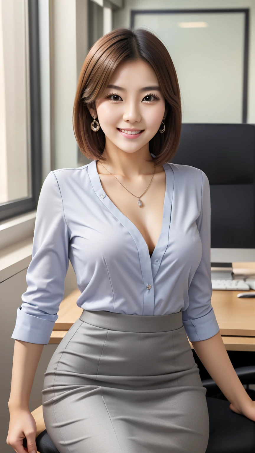 (highest quality, 8K, masterpiece, Ultra HD: 1.3), (K-POP idol: 1.6), 1 pretty girl, (big breasts: 1.2), (short hair), black stockings,perfect figure, Extra-fine face, delicate lips, beautiful eyes, double eyelid, be familiar with Eyes, fine hands, Super thin fingers, office wear, white tight shirt, short tight skirt (humid) ((Excited: 1.5)), Night view of the city to the window , be familiar with , Open Shirt Show, Luxury Office Manager