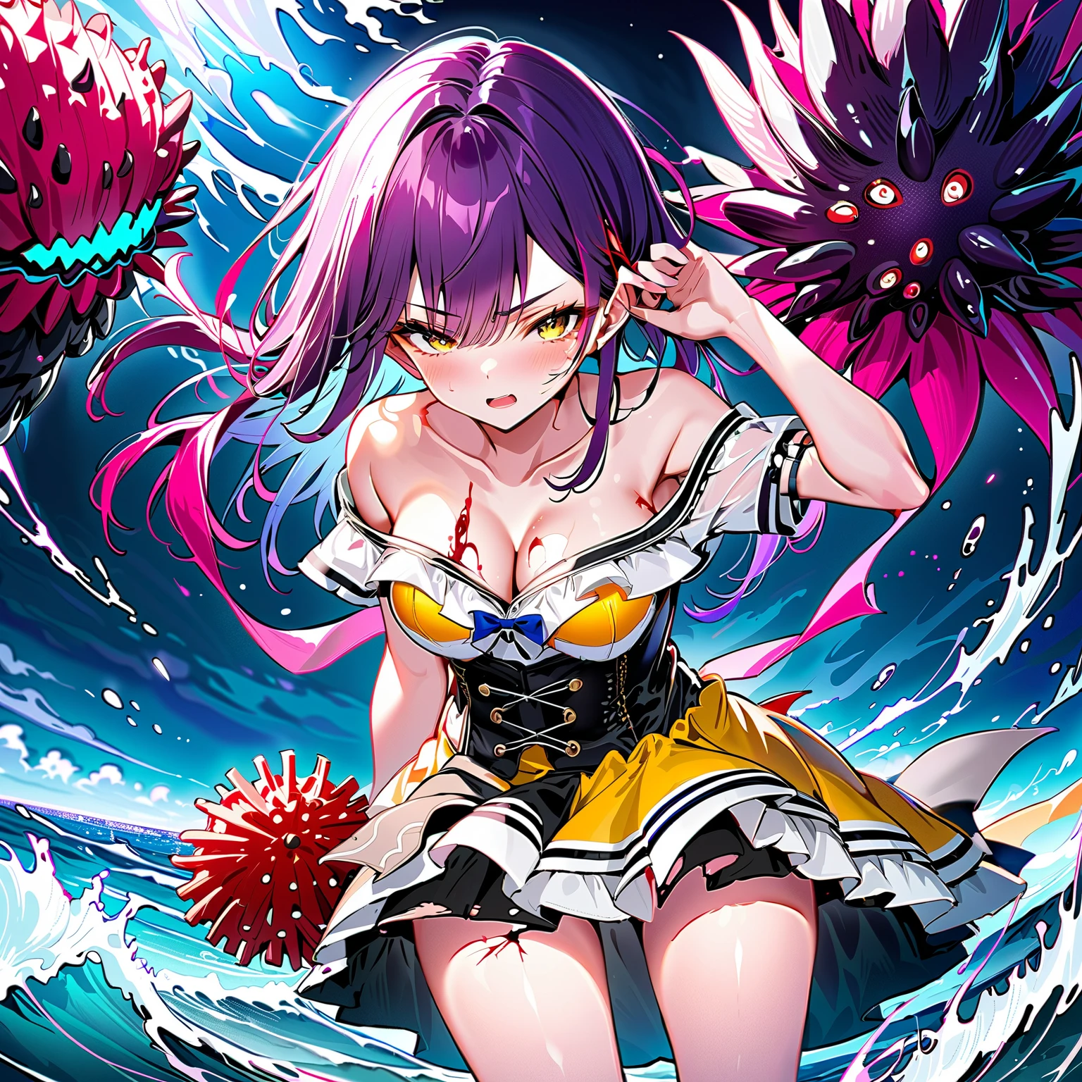 perfect eyes:1.2, detailed eyes:1.4, pineapple, smile, sitting, full body, air bubble, (masterpiece:1.2, best quality), phgls, /bottle, in container, (finely detailed beautiful eyes: 1.2), 1girl, solo, big breasts, tentacles, purple hair, pink hair, two-tone hair, underwater, floating hair, (bound:1.4), (bdsm:1.7),shy,blush,cry,scared,(anger:1.3),((arm behind back))