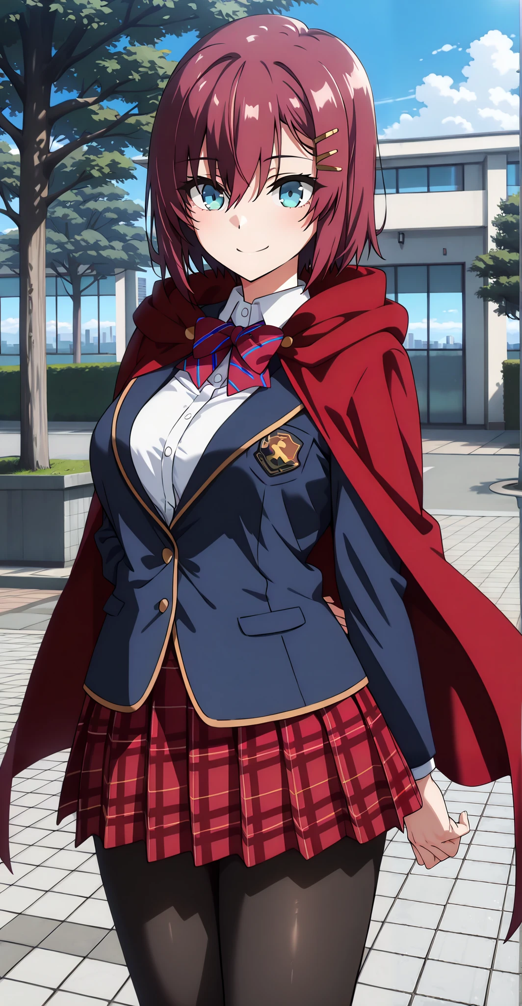 masterpiece, best quality, amazing quality, very aesthetic, absurdres, newest, scenery,highly detailed,high-resolution, {{Increase saturation:1.2、Highly colored}} looking at viewer,smile, solo, AkaneNanao,1girl,red hair,short hair,hairclip,blue eyes, Medium breasts,
BeaconUniform, plaid skirt, school uniform, black pantyhose, jacket, blazer, red cape