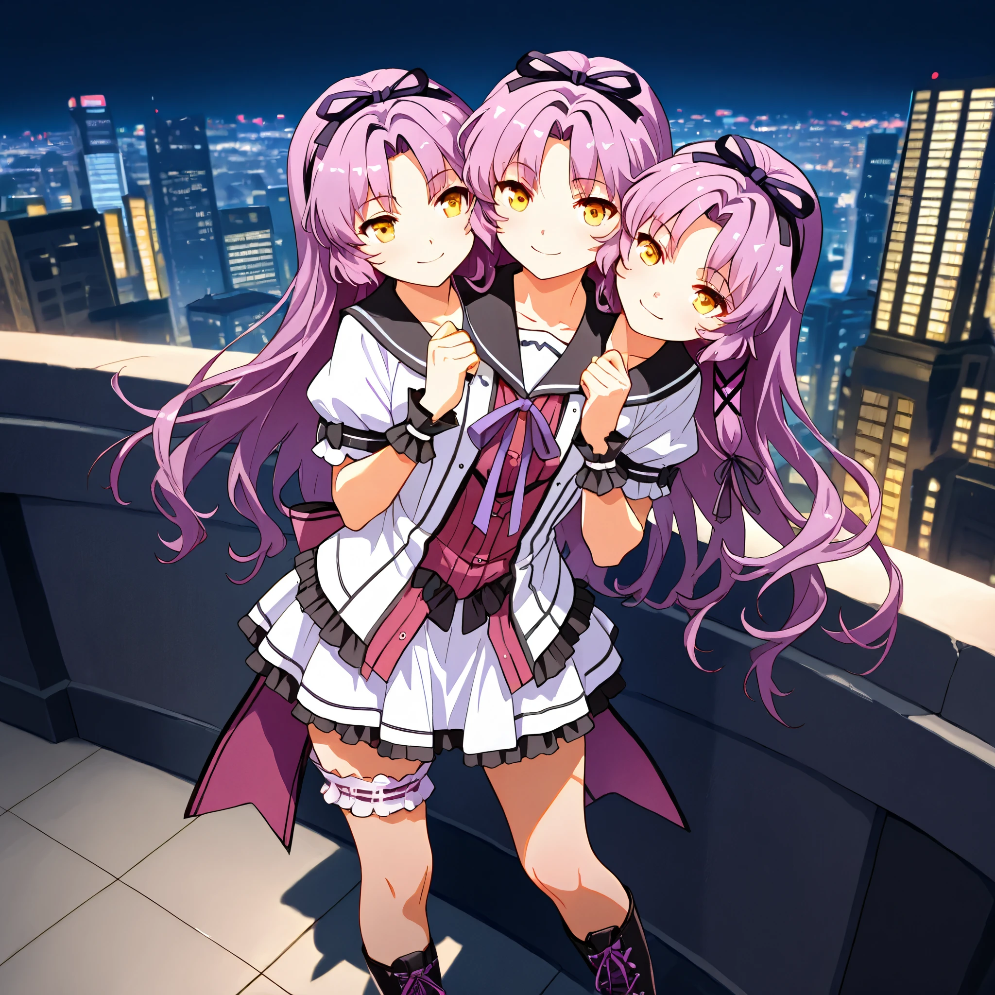 masterpiece, best quality, absurdres, three heads, conjoined, 1girl, city background, renne_\(eiyuu_densetsu\), wrist cuffs, white skirt, hair ribbon, lace-up boots, bridal garter, sailor collar, purple bow, standing, smile