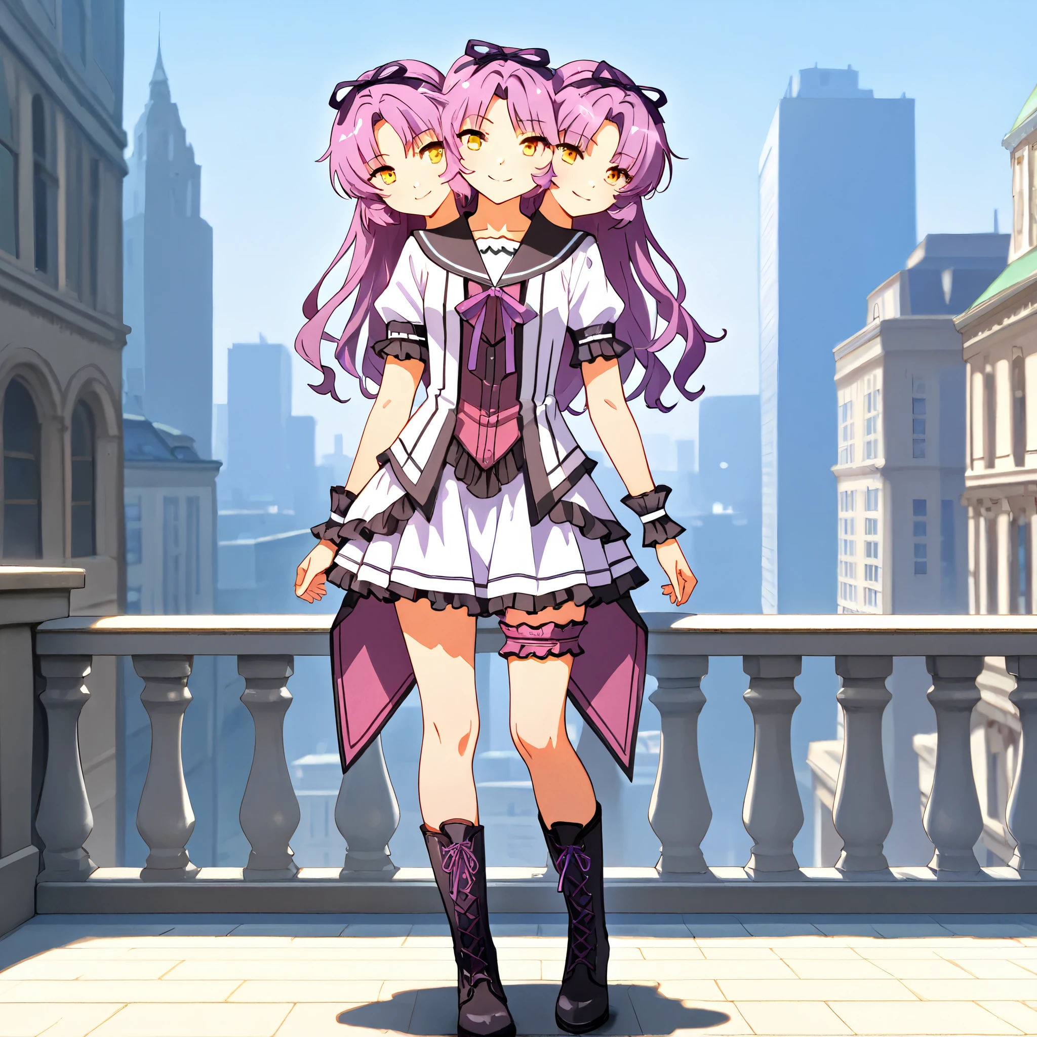 masterpiece, best quality, absurdres, three heads, conjoined, 1girl, city background, renne_\(eiyuu_densetsu\), wrist cuffs, white skirt, hair ribbon, lace-up boots, bridal garter, sailor collar, purple bow, standing, smile