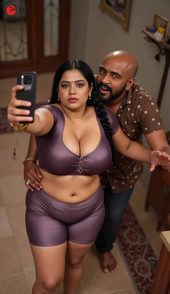 A radiant, full-figured South Indian 25 year old bride wearing a multi colour silk party saree (breasts and belly button visible) tenderly hugging a jubilant 55-year-old man while in party hall, captured in a full-body image with vibrant hues and meticulous details. Belly button visible . Full body image