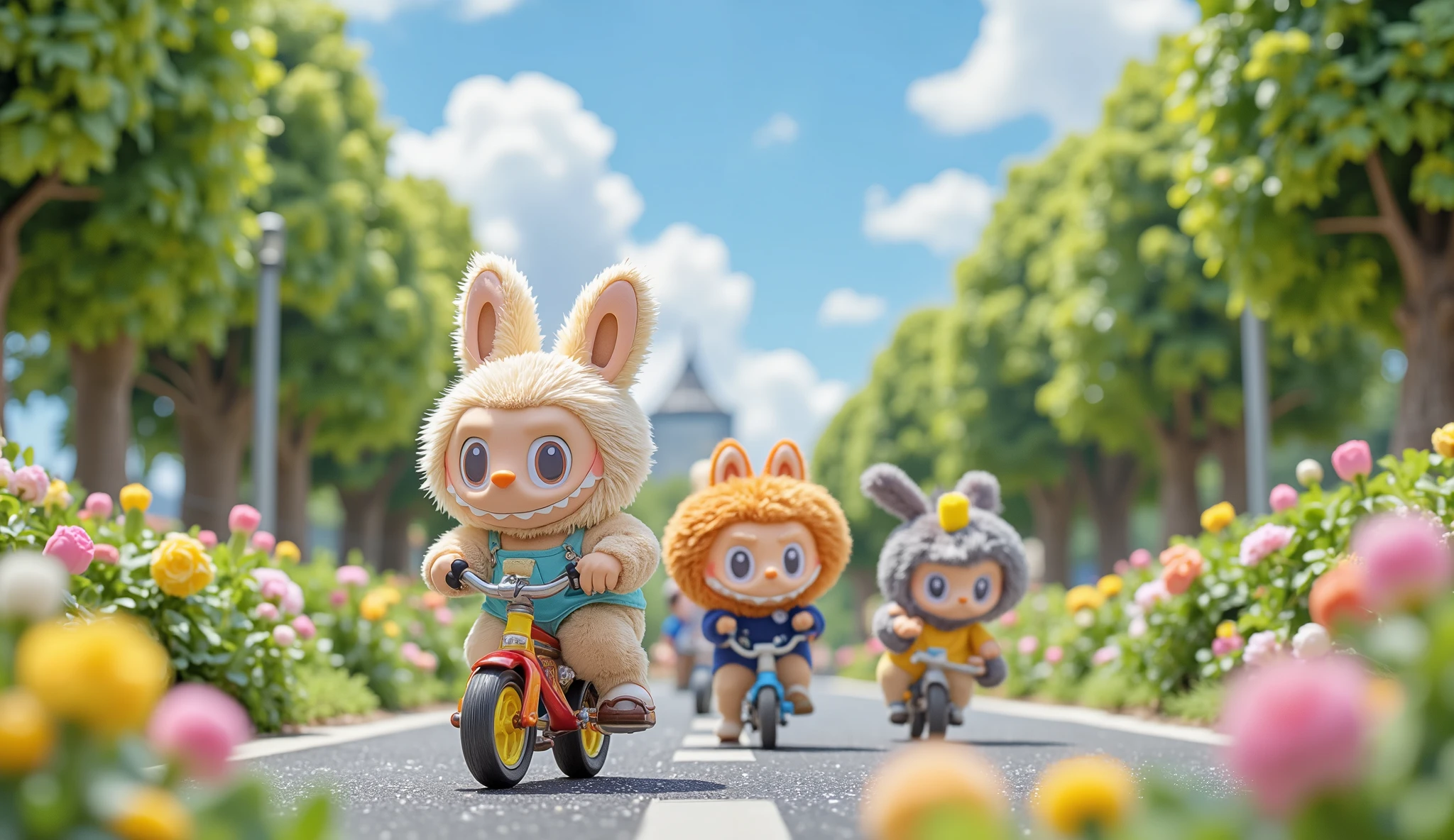 "A cute furry creature named Labubu, small with big round eyes and sharp teeth, joyfully riding a colorful bicycle alongside his friends. They are a group of small, fluffy creatures, each with unique colors and expressions, cycling together on a sunny day. The road is lined with green trees and blooming flowers, and the sky is bright blue with a few fluffy clouds. Labubu is leading the way, smiling happily as the wind ruffles his fur."