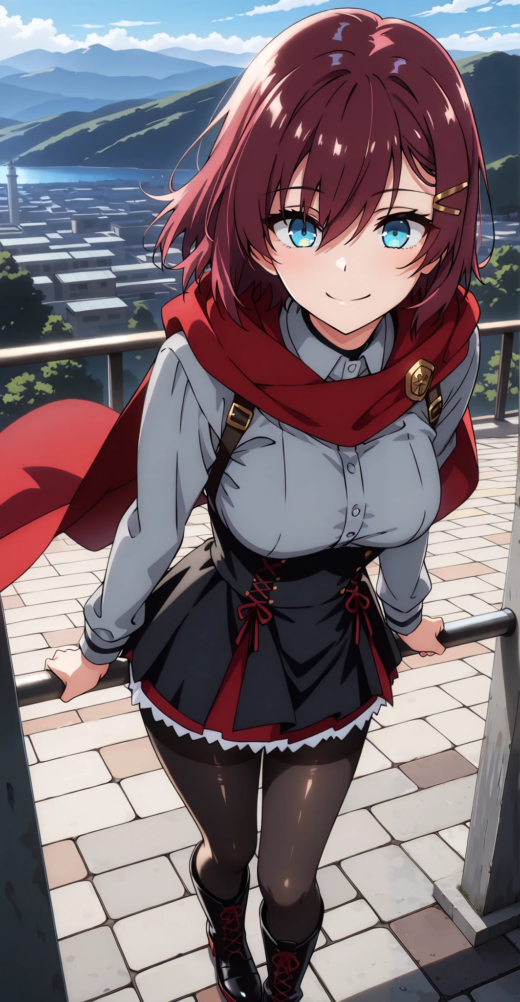 masterpiece, best quality, amazing quality, very aesthetic, absurdres, newest, scenery,highly detailed,high-resolution, {{Increase saturation:1.2、Highly colored}} looking at viewer,smile, solo, AkaneNanao,1girl,red hair,short hair,hairclip,blue eyes, Medium breasts,
SlayerOutfit, black corset, gray shirt, black pantyhose, boots, red cape
