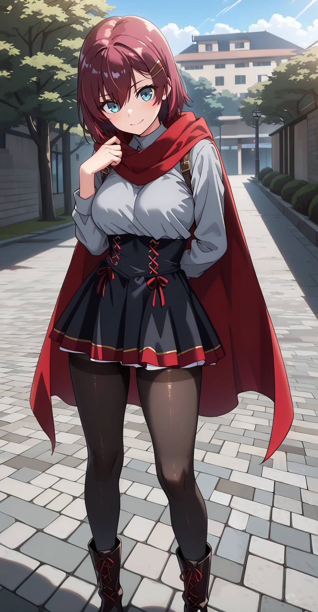 masterpiece, best quality, amazing quality, very aesthetic, absurdres, newest, scenery,highly detailed,high-resolution, {{Increase saturation:1.2、Highly colored}} looking at viewer,smile, solo, AkaneNanao,1girl,red hair,short hair,hairclip,blue eyes, Medium breasts,
SlayerOutfit, black corset, gray shirt, black pantyhose, boots, red cape