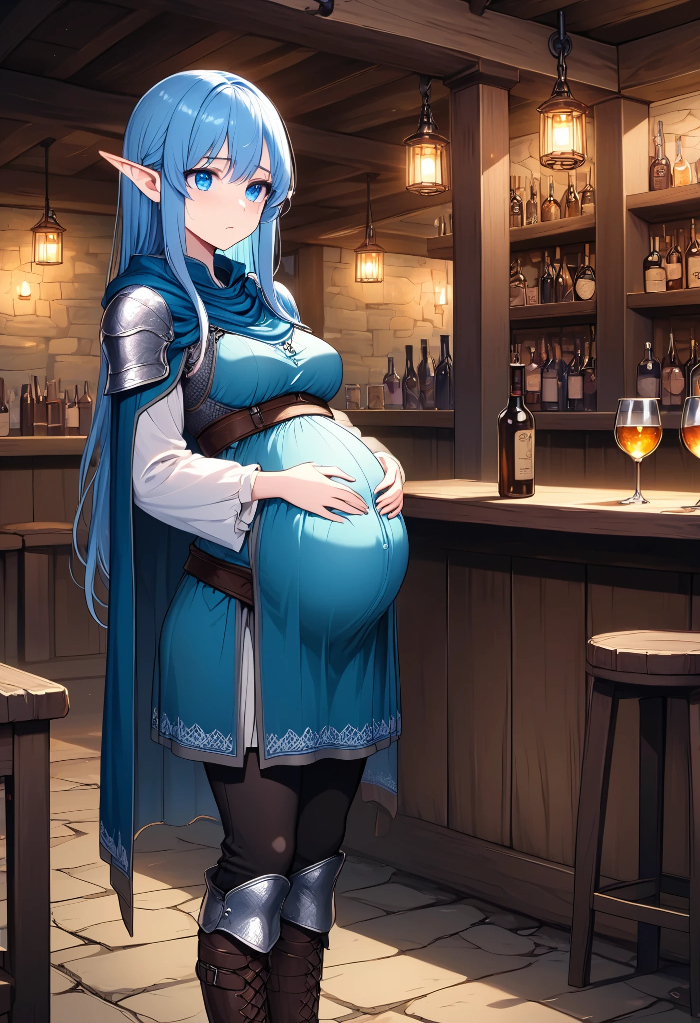 High Resolution, Masterpiece, 4K, tavern interior, night, 1girl, blue hair, long straight hair, medium breasts, blue eyes, half elf ears, chainmail vest, cyan tunic, purple cloak, black pants, wrapped boots, standing by counter, uncomfortable expression, pregnant
