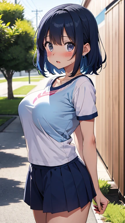 mastute piece,Best Quality,insanely detailed,8k cg,nsfw,
shoot upper body,(body in front:1.1),
1girl,standing,looking at viewer,Proudly、(upright:1.3),(school gymwear),
break,blush,shy,(trembling:1.2),break,(Blue Hair),(large breasts),Short:1.2、(open mouth:0.9),(outdoor sports field),